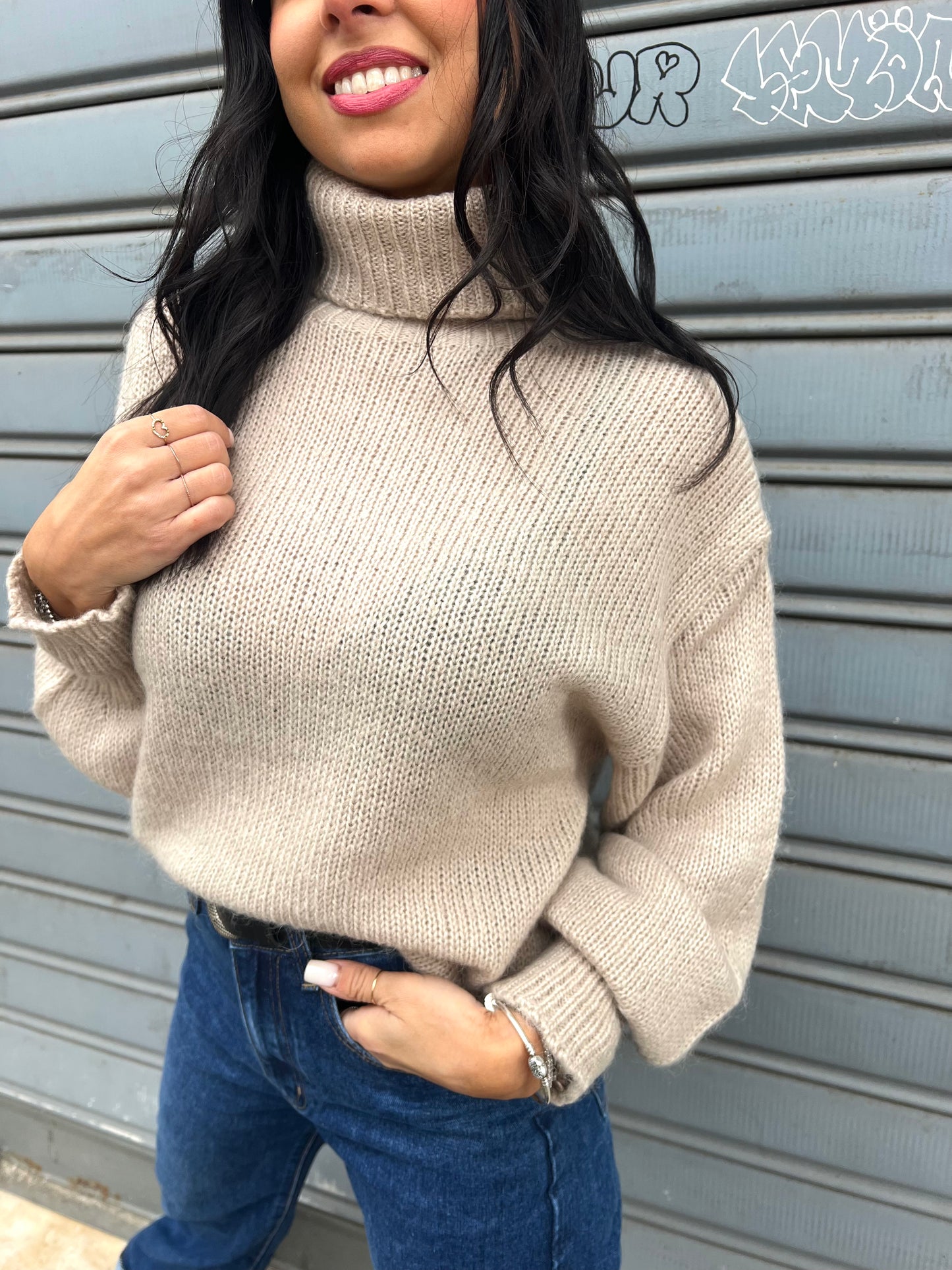 MAGLIA COLLO ALTO MANICA PALLONCINO LUISA BEIGE