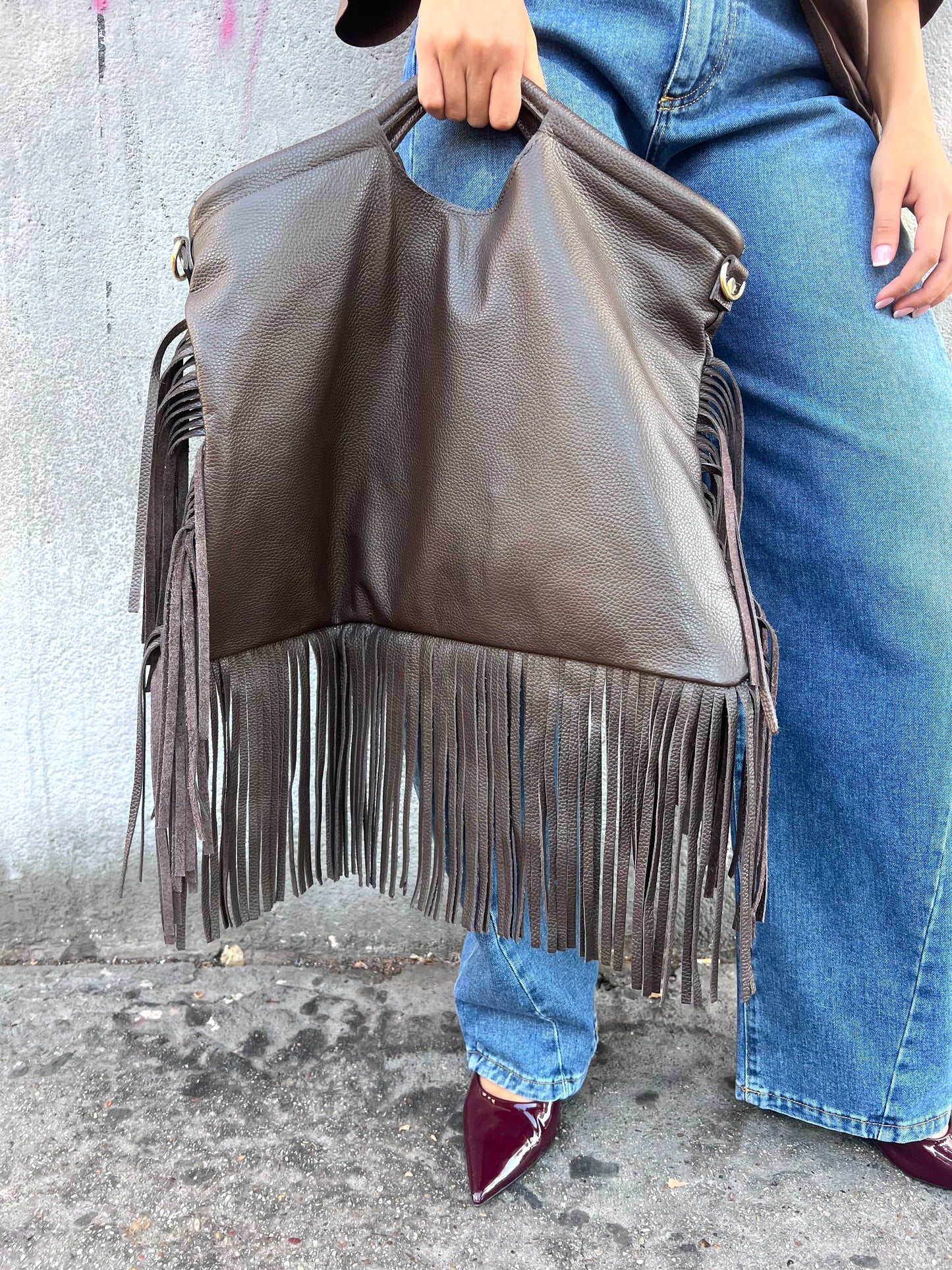 BORSA TOTE BAG MAXI FRANGE PELLE CIOCCOLATO