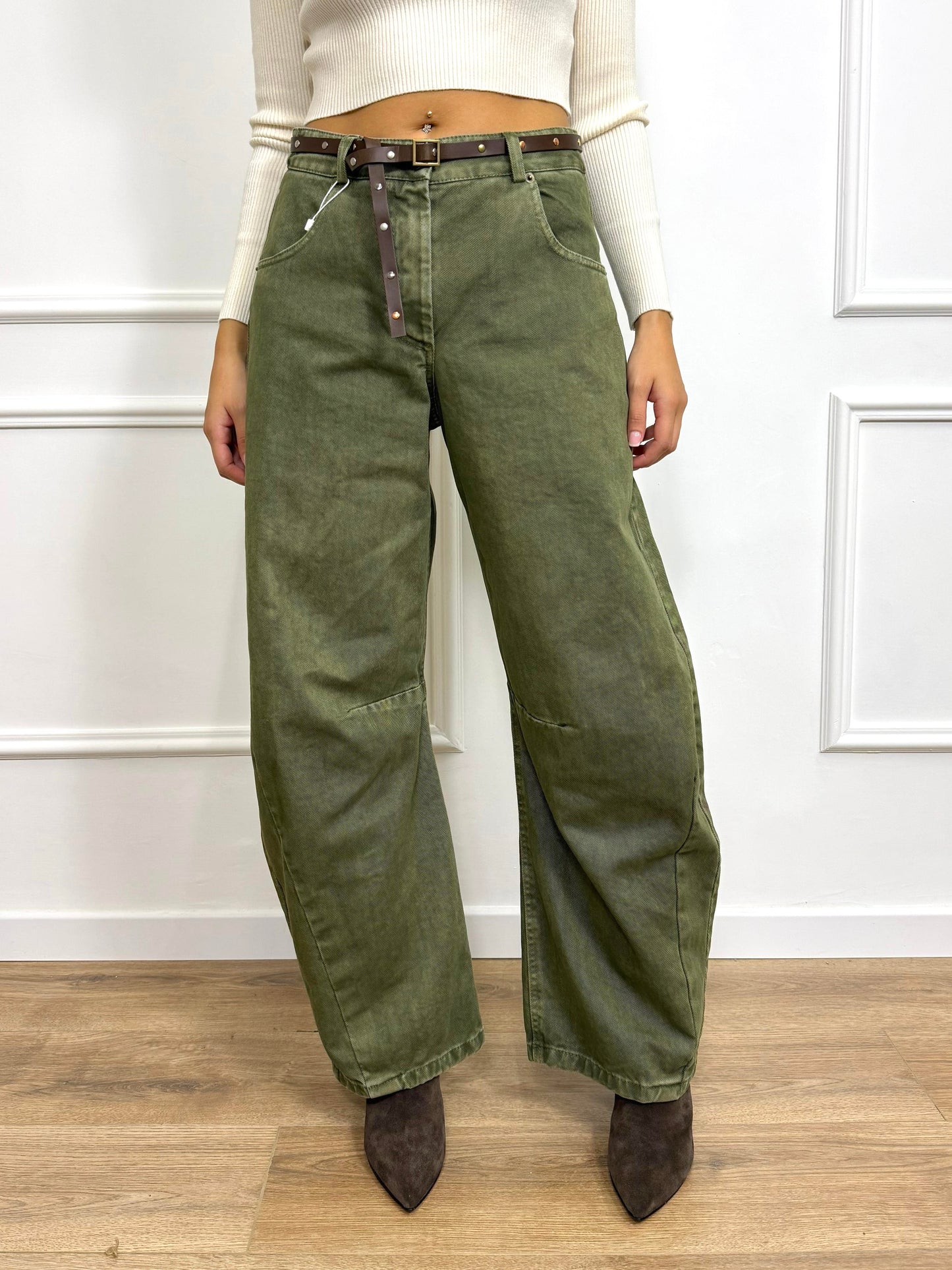 MOTEL DENIM BARREL VITA ALTA CON CINTURINA JALE OLIVA