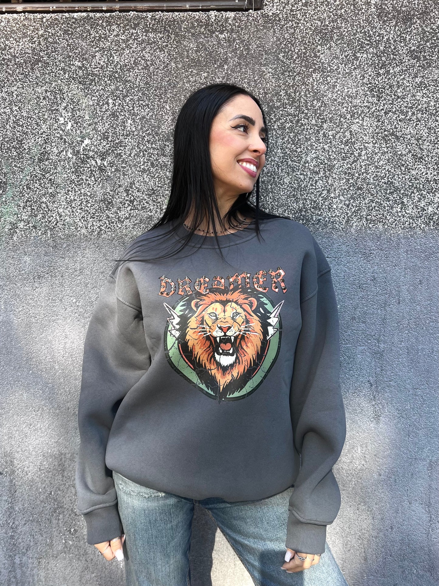 SUSY MIX FELPA GIROCOLLO STAMPA “LION” PIOMBO