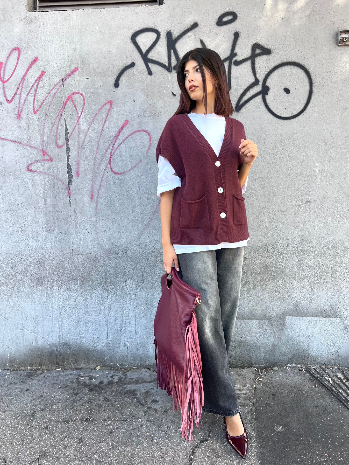 SUSY MIX GILET “SCOLLO V” BOTTONI TERESA VINO