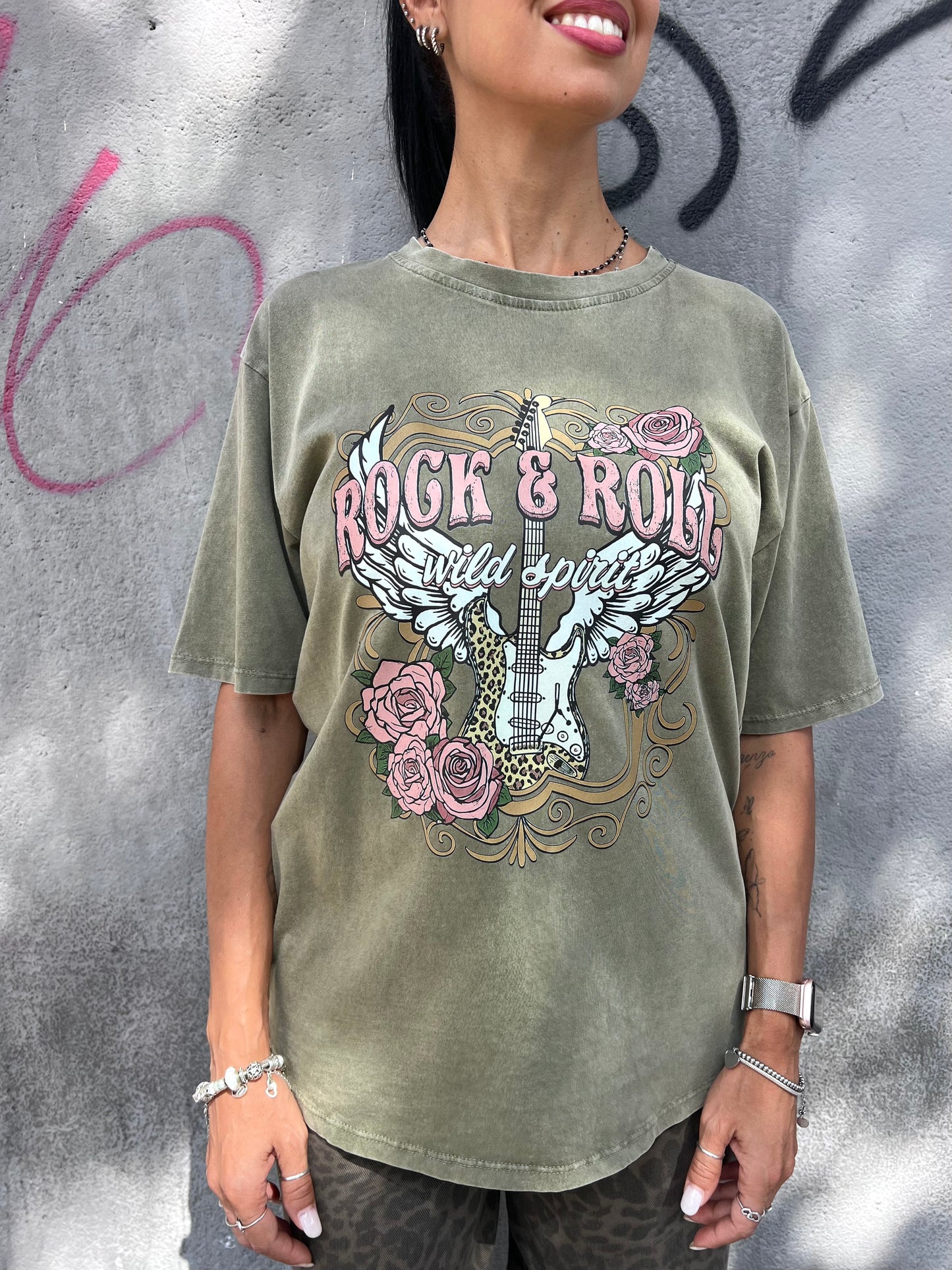 T-SHIRT M/M EFFETTO SLAVATO “ROCK ROLL” MILITARE