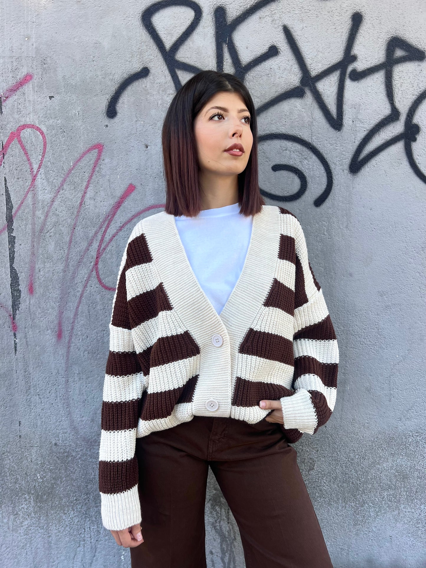 SUSY MIX CARDIGAN OVER RIGHE MARGHE MOKA