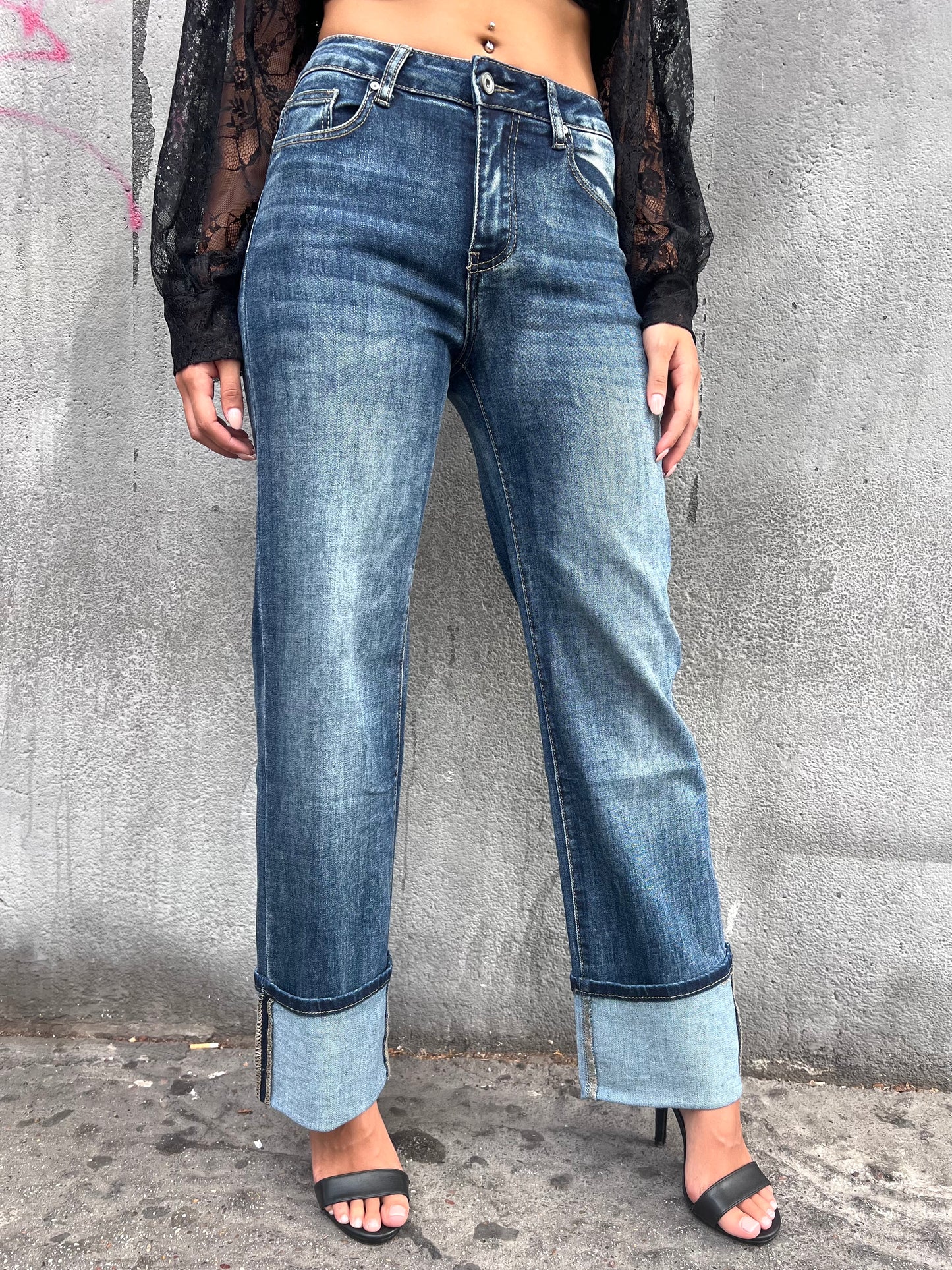 DENIM VITA ALTA FULL LENGT RISVOLTO KATIA BLU