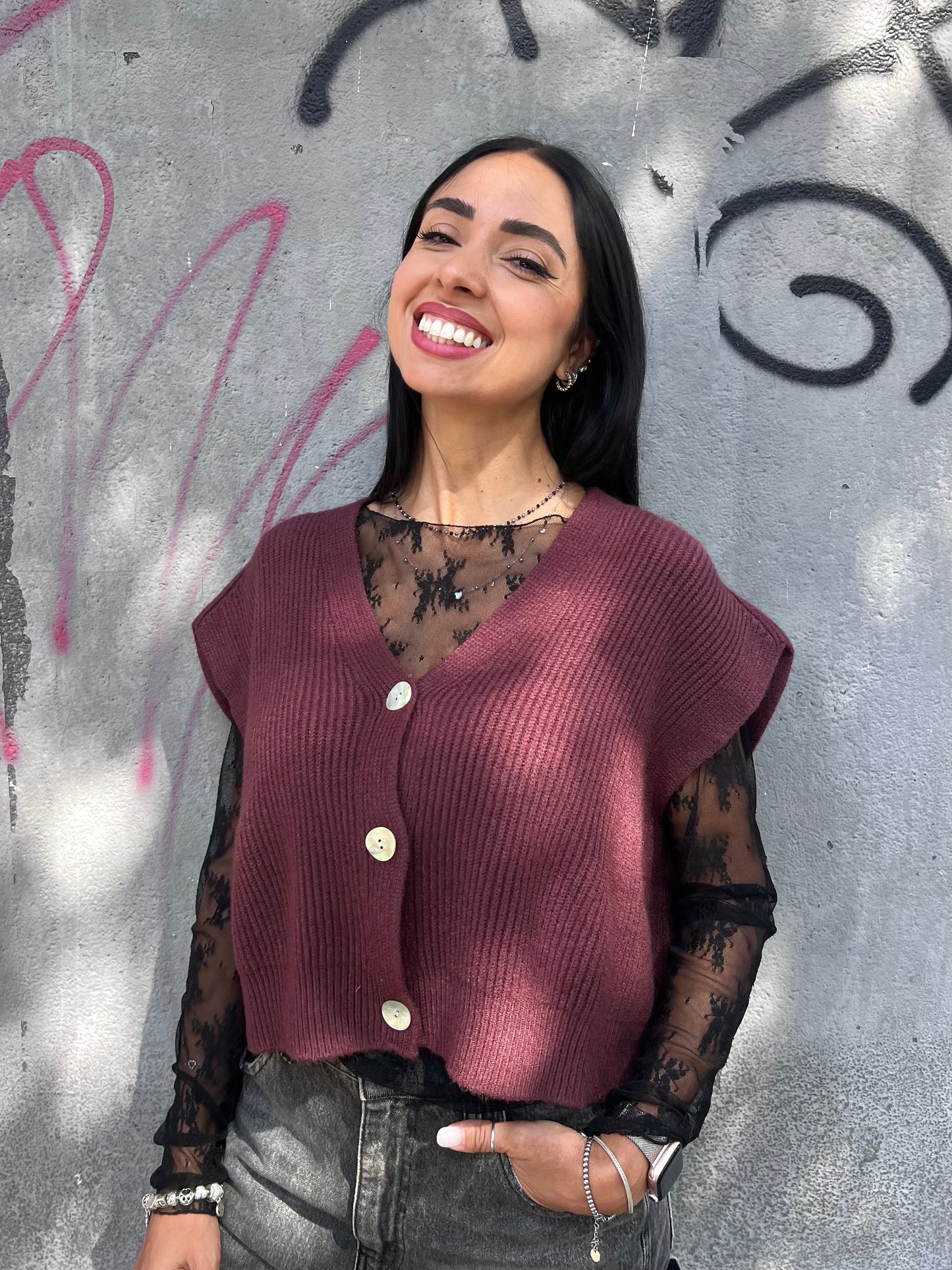 SUSY MIX GILET CROP COSTE BOTTONI GINNY VINO