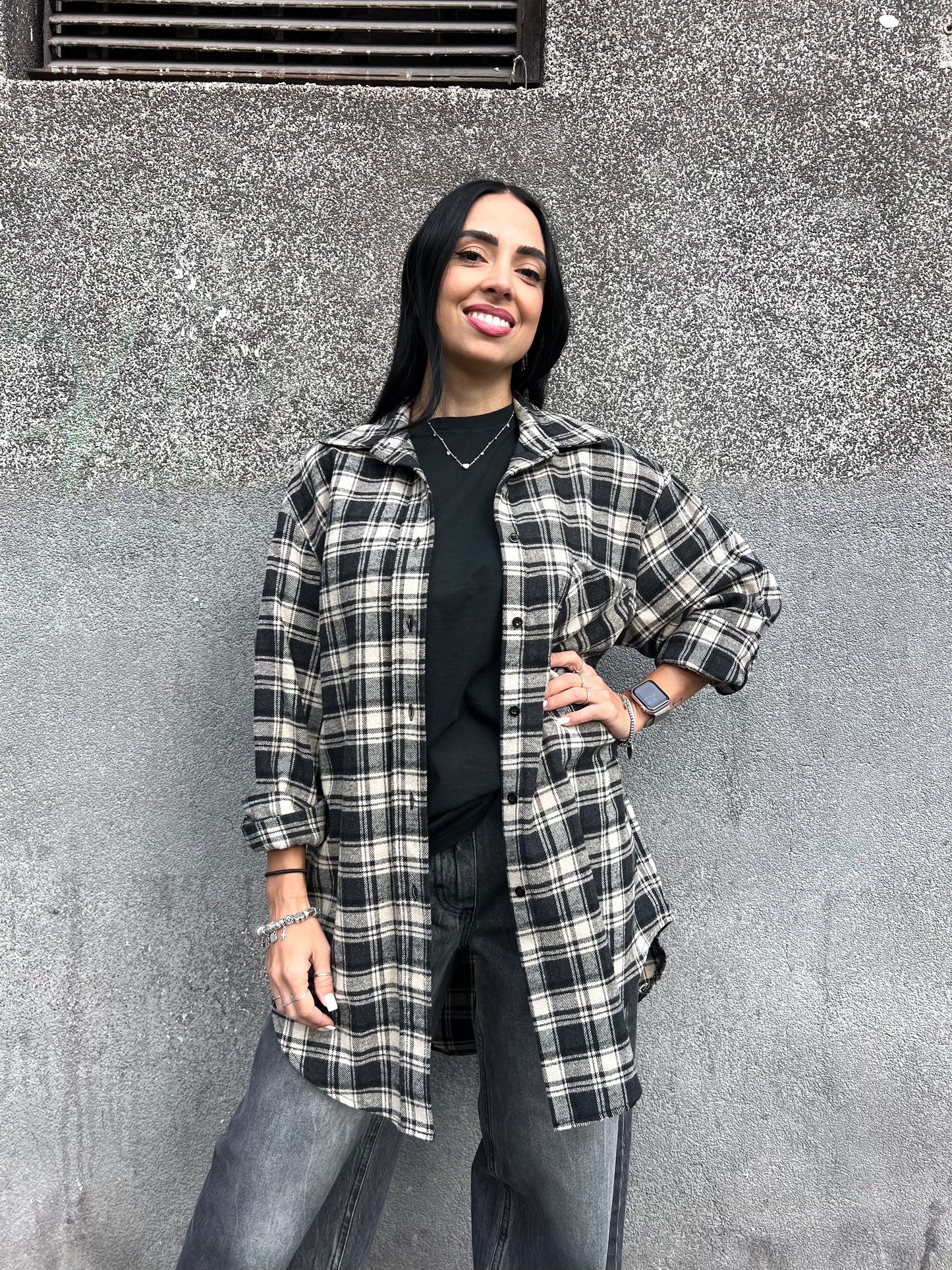 SUSY MIX MAXI CAMICIA CHECK FLANELLA MAVI NERO