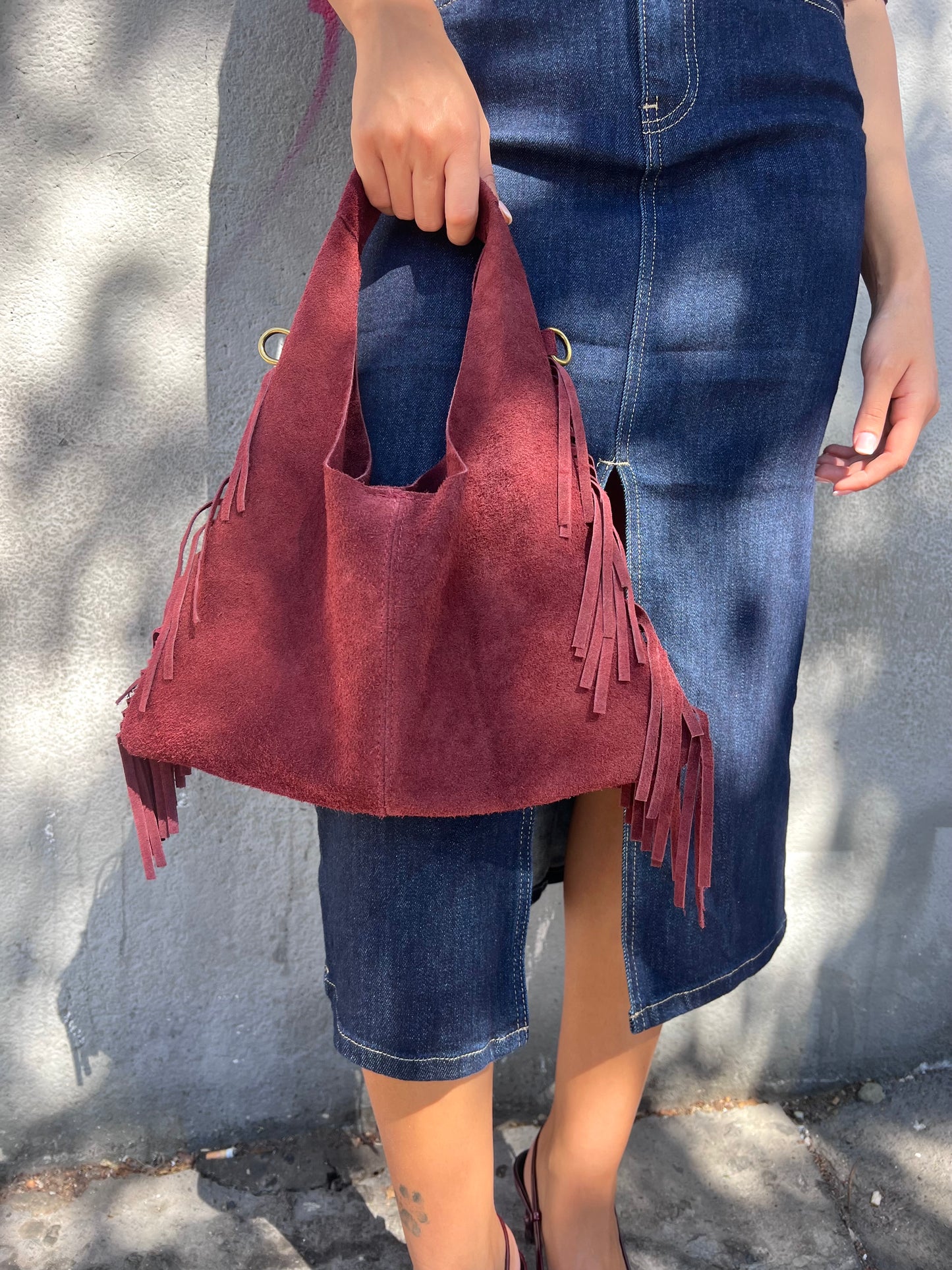BORSA MINI SAC PELLE SUEDE CON FRANGE DEVA BURGUNDY