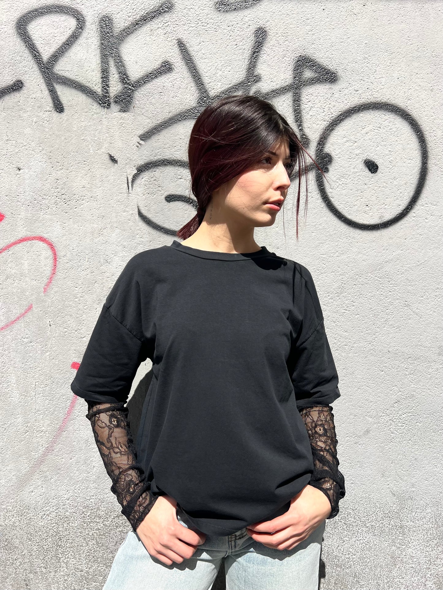 SUSY MIX T-SHIRT GIROCOLLO MANICA PIZZO ALISIA NERO