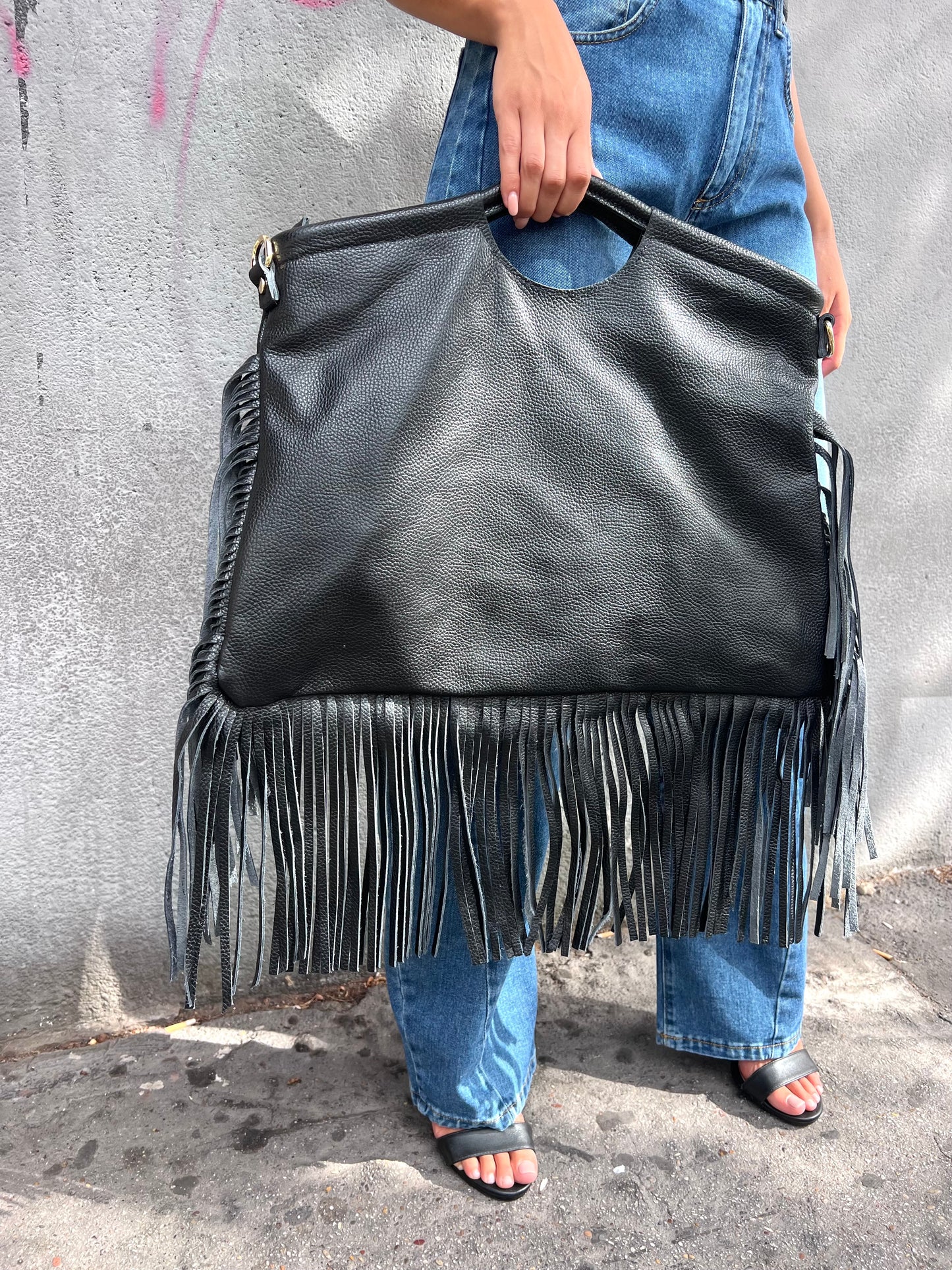 BORSA TORE BAG MAXI FRANGE PELLE NERO