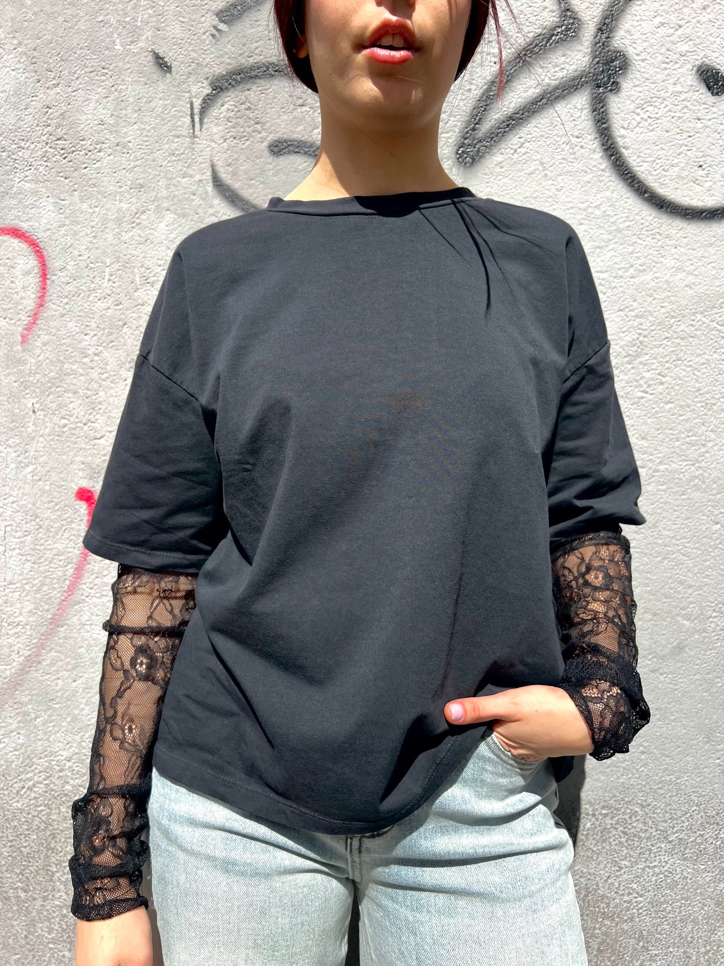 SUSY MIX T-SHIRT GIROCOLLO MANICA PIZZO ALISIA NERO
