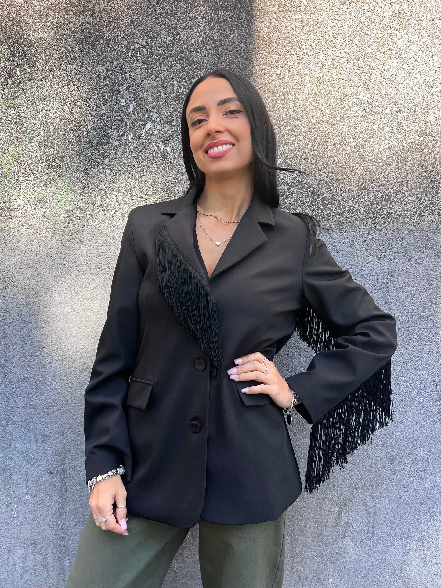 SUSY MIX GIACCA MONOPETTO FRANGE DESI NERO