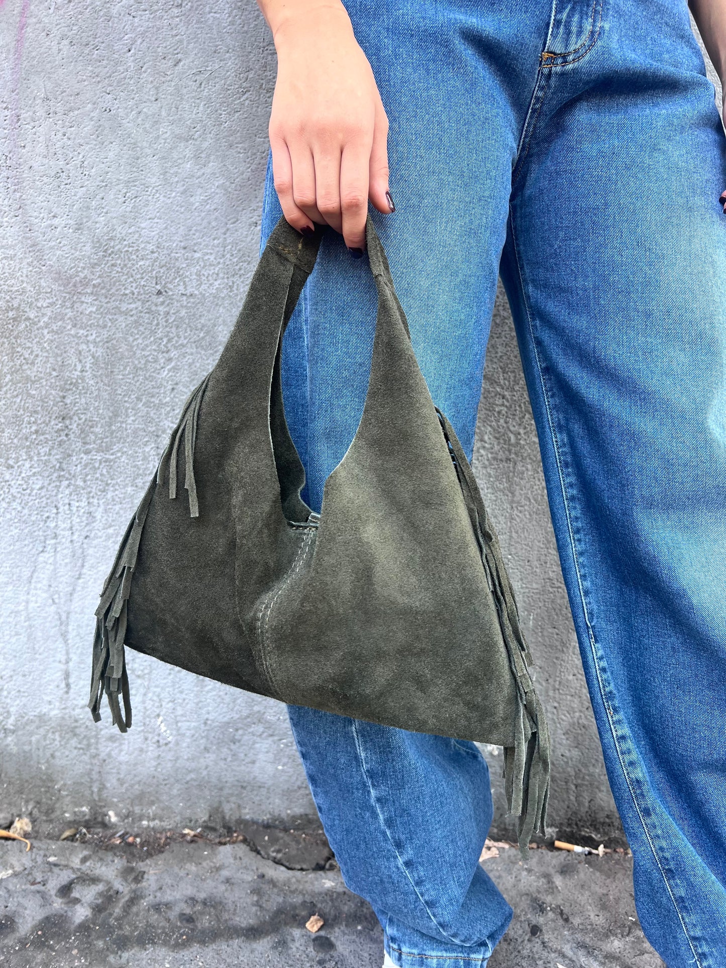 BORSA MINI SAC PELLE SUEDE CON FRANGE DEVA MILITARE