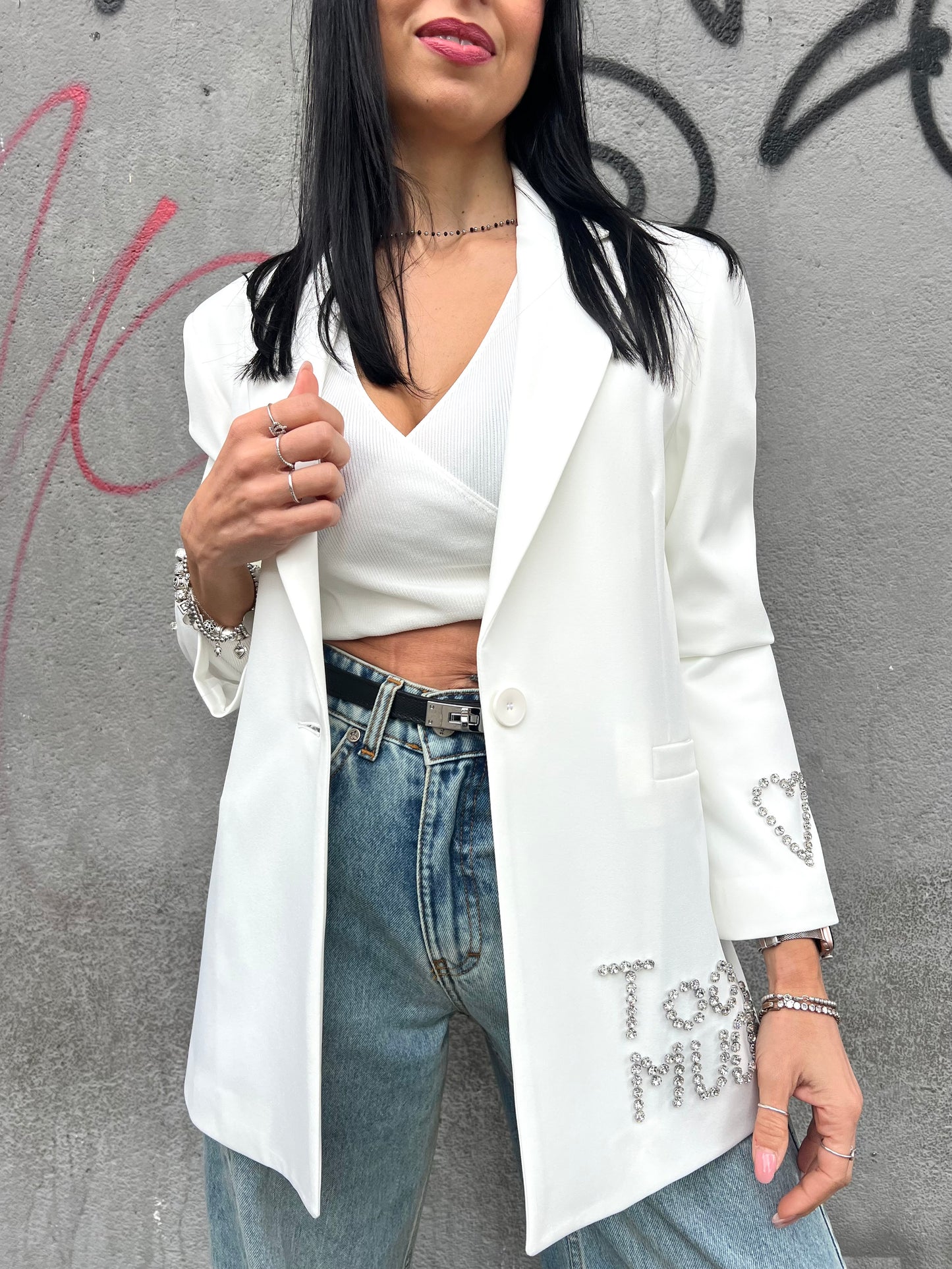 SUSY MIX GIACCA MONOPETTO STRASS “TOO MUCH” BIANCO