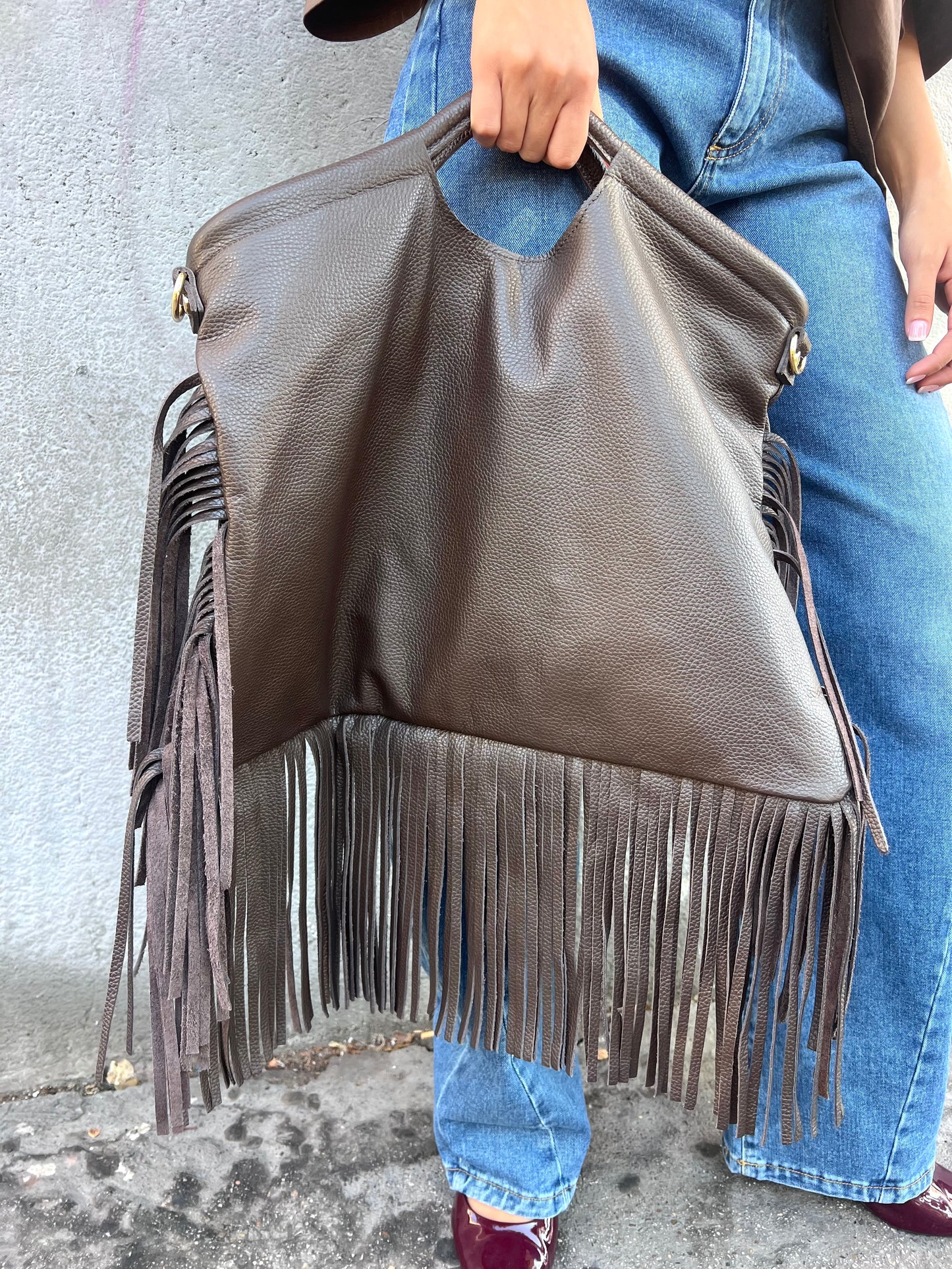 BORSA TOTE BAG MAXI FRANGE PELLE CIOCCOLATO