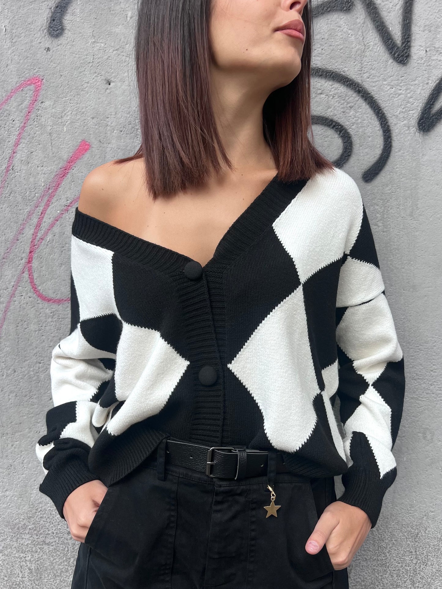 SUSY MIX CARDIGAN SCOLLO V ROMBI ANGY BIANCO