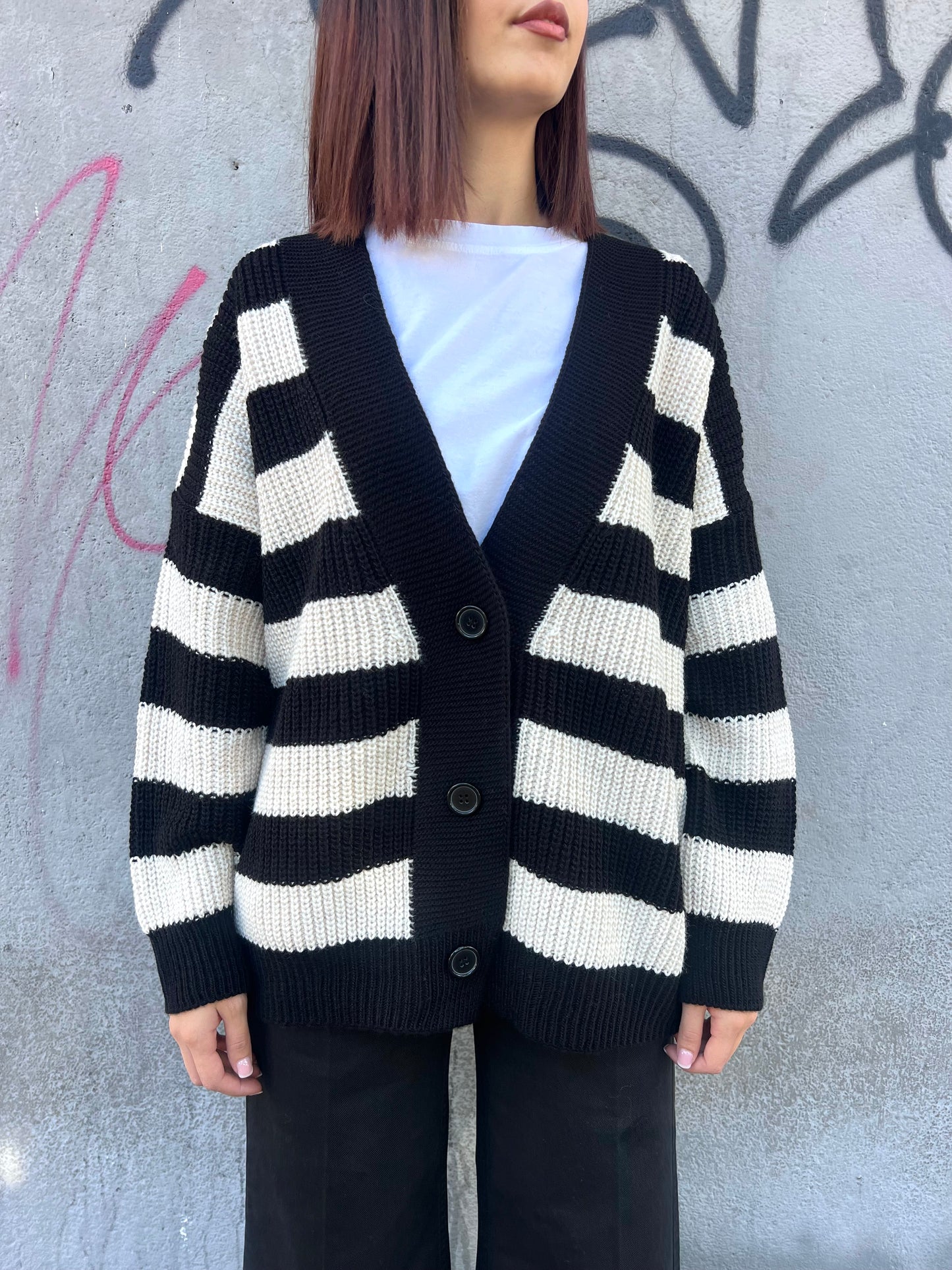 SUSY MIX CARDIGAN OVER RIGHE MARGHE NERO