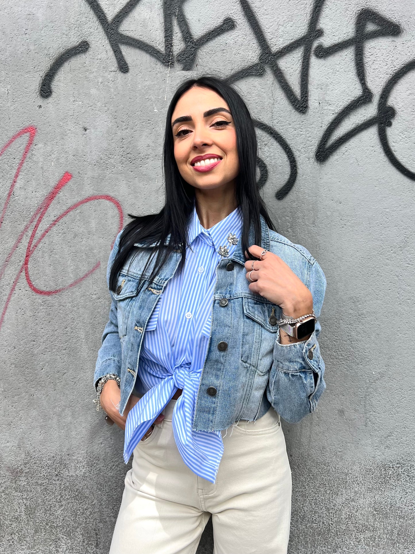 GIUBBINO CROP DENIM SFRANGIATO TANIA BLUE