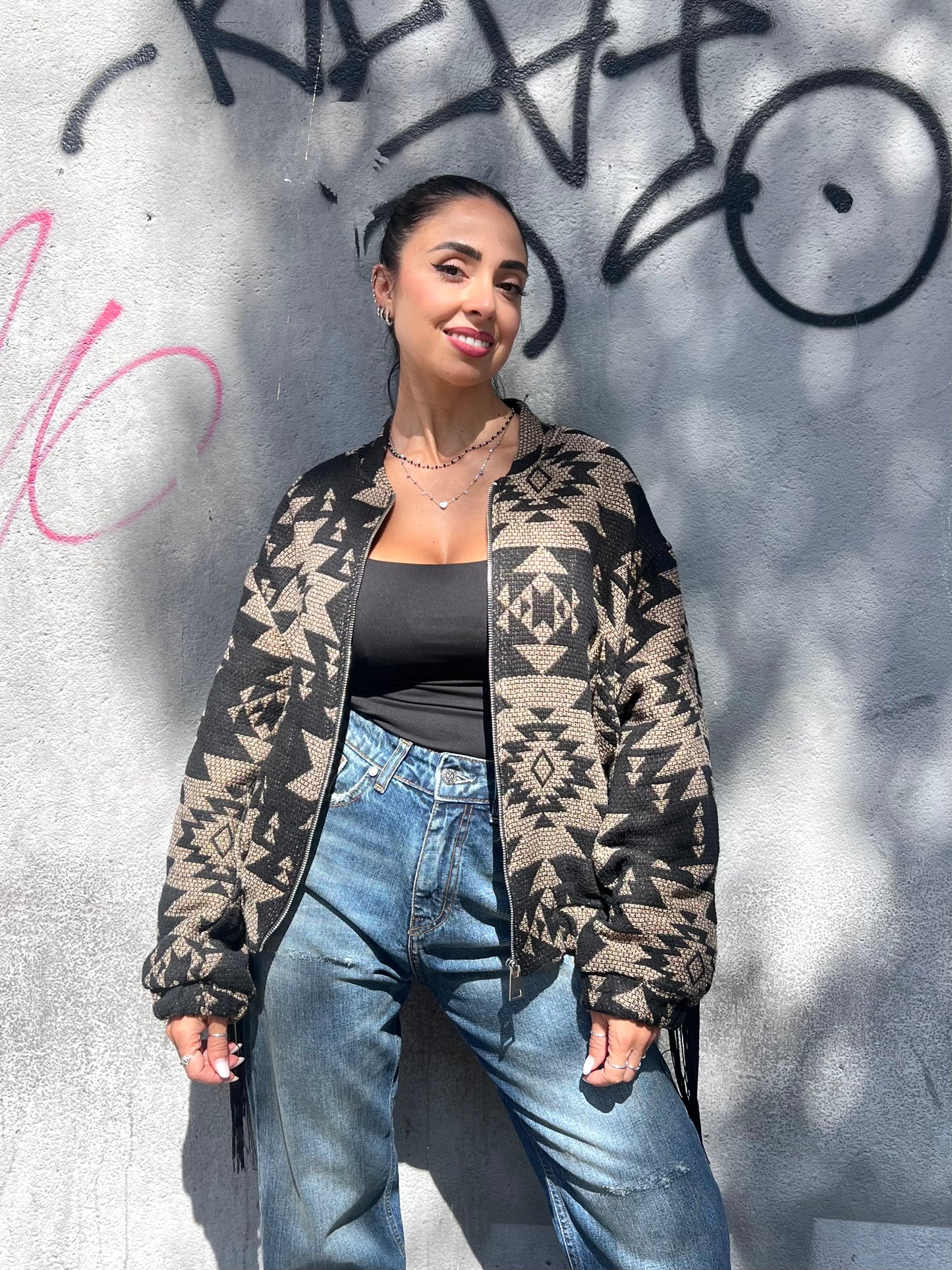 SUSY MIX BOMBER FRANGE FINE TRAMA JACQUARD NERO