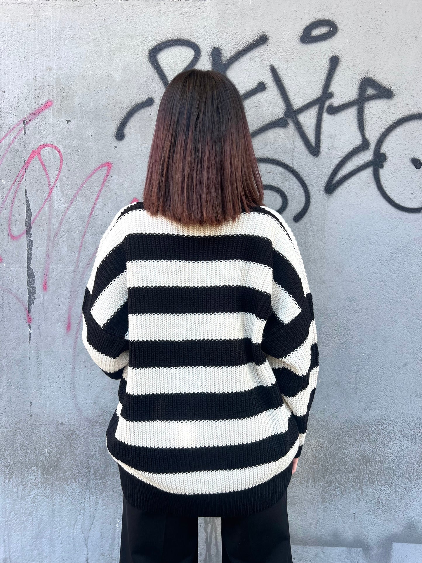 SUSY MIX CARDIGAN OVER RIGHE MARGHE NERO