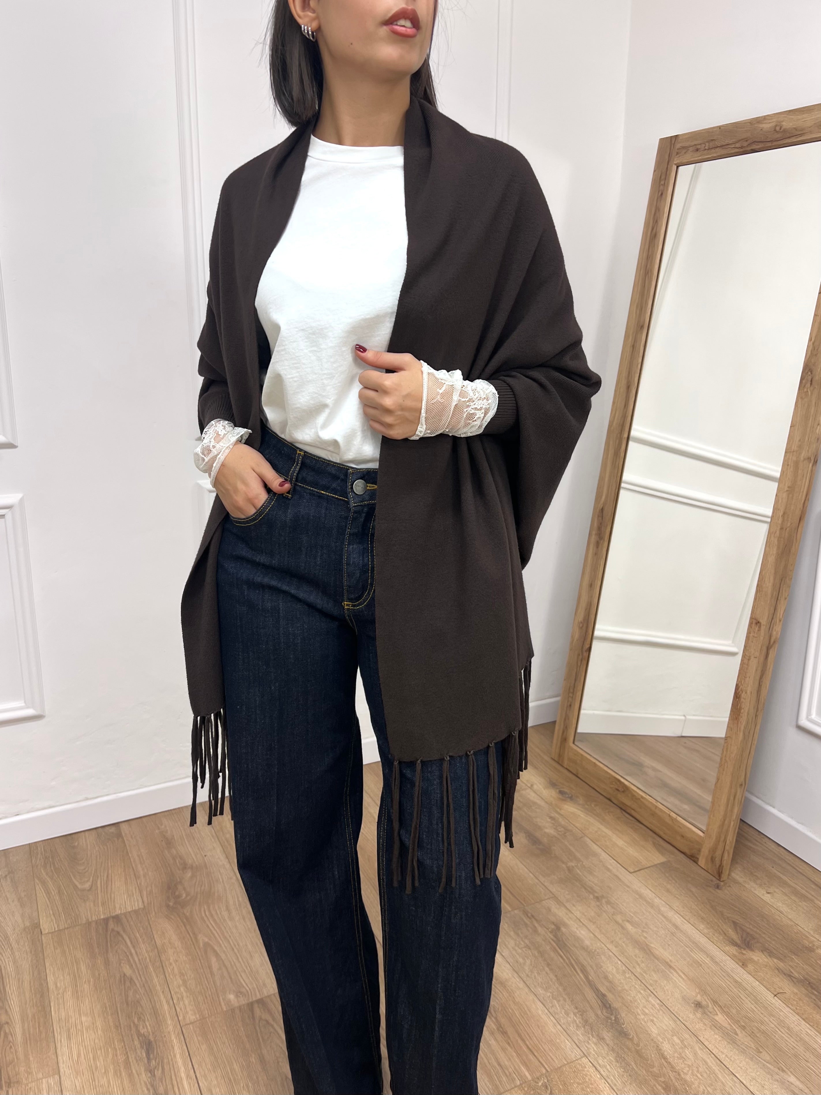 MANTELLA IN MAGLIA SPERTA CON FRANGE MORO SUSY MIX