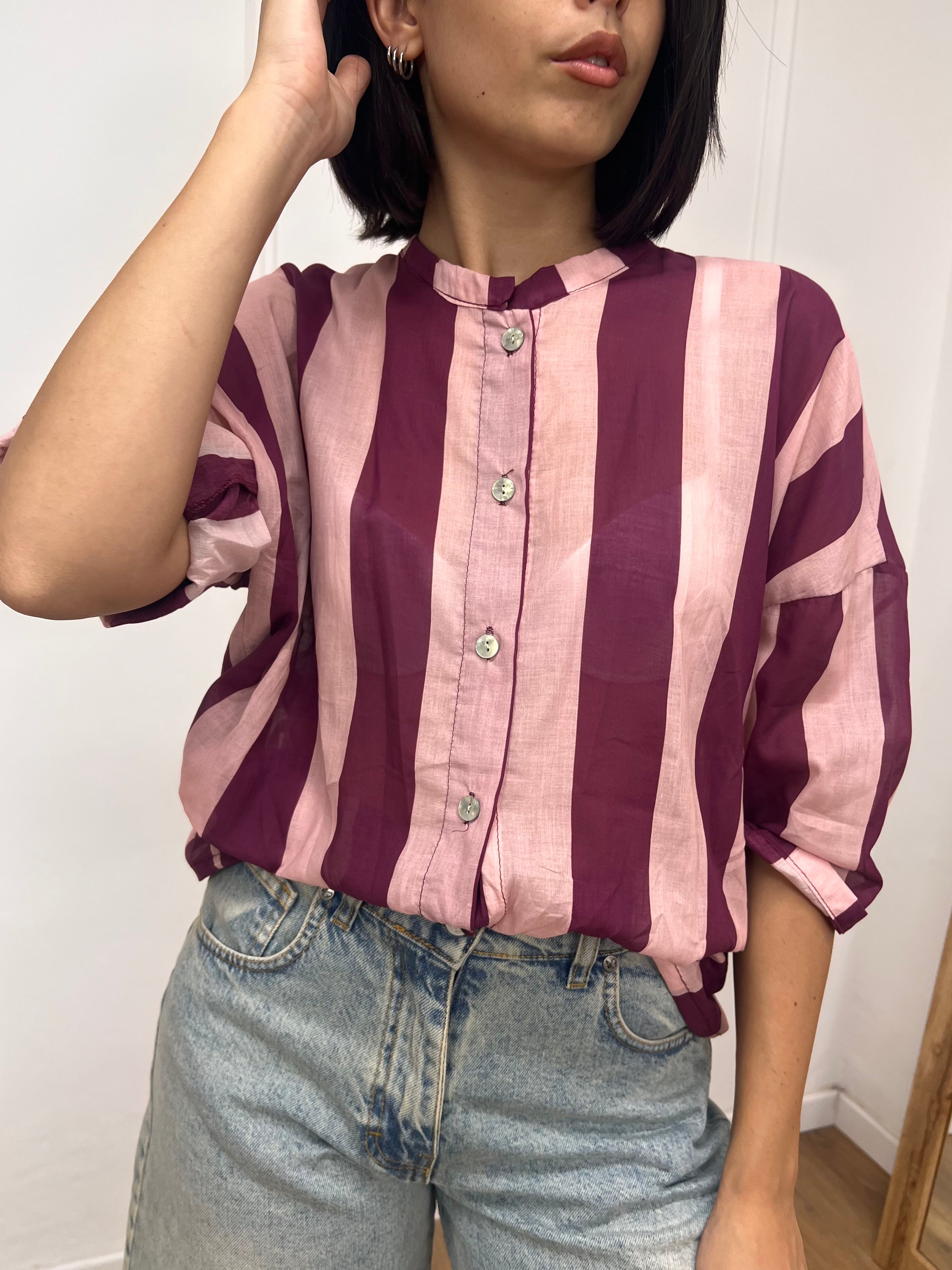 CAMICIA MUSSOLA COREANA RIGHE ROSA FICO