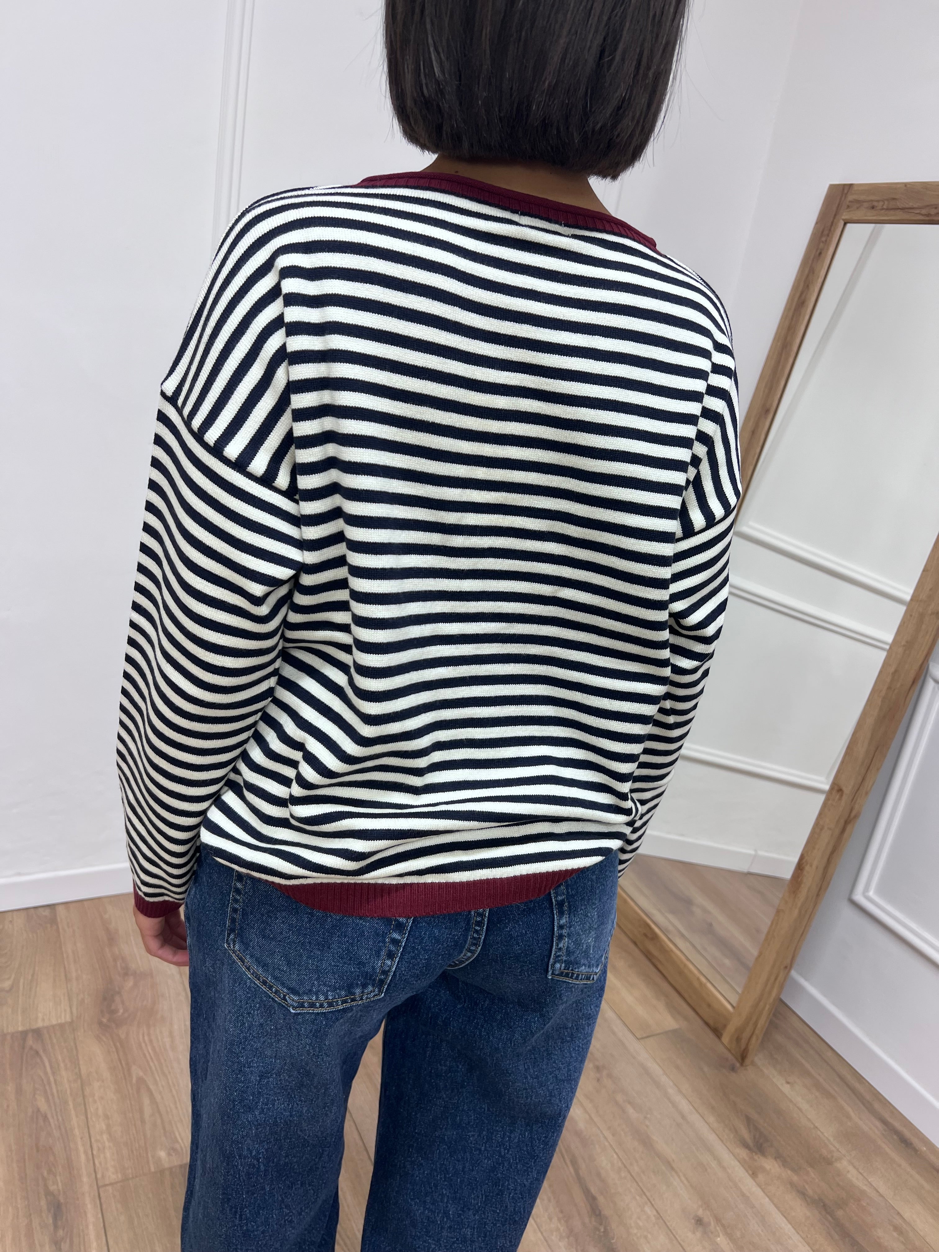 MAGLIA RIGATA SCATOLETTA COLLO CONTRASTO BLU/VINO SUSY MIX