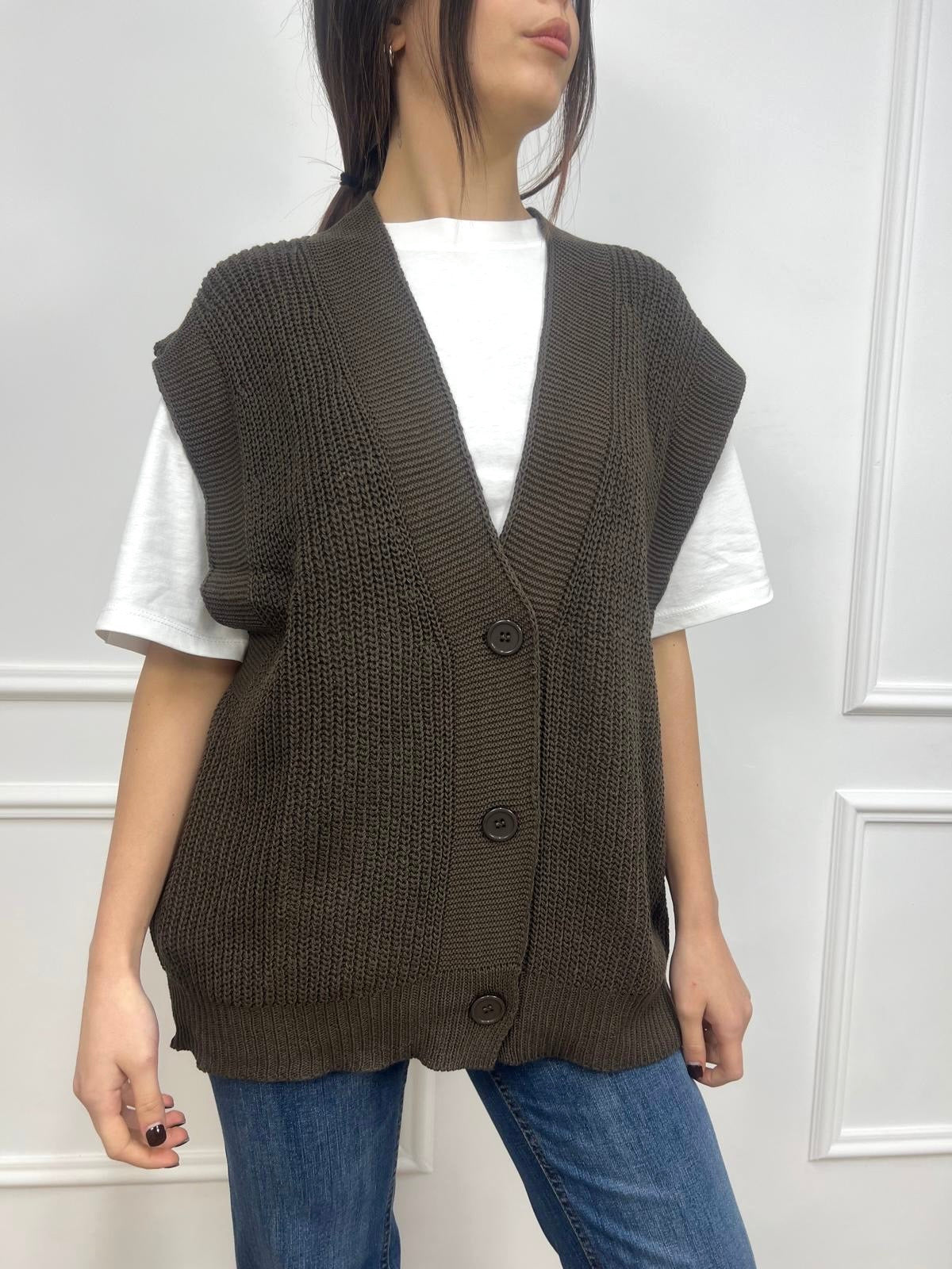 SUSY MIX GILET FILO SCOLLO V BOTTONI YARY MORO