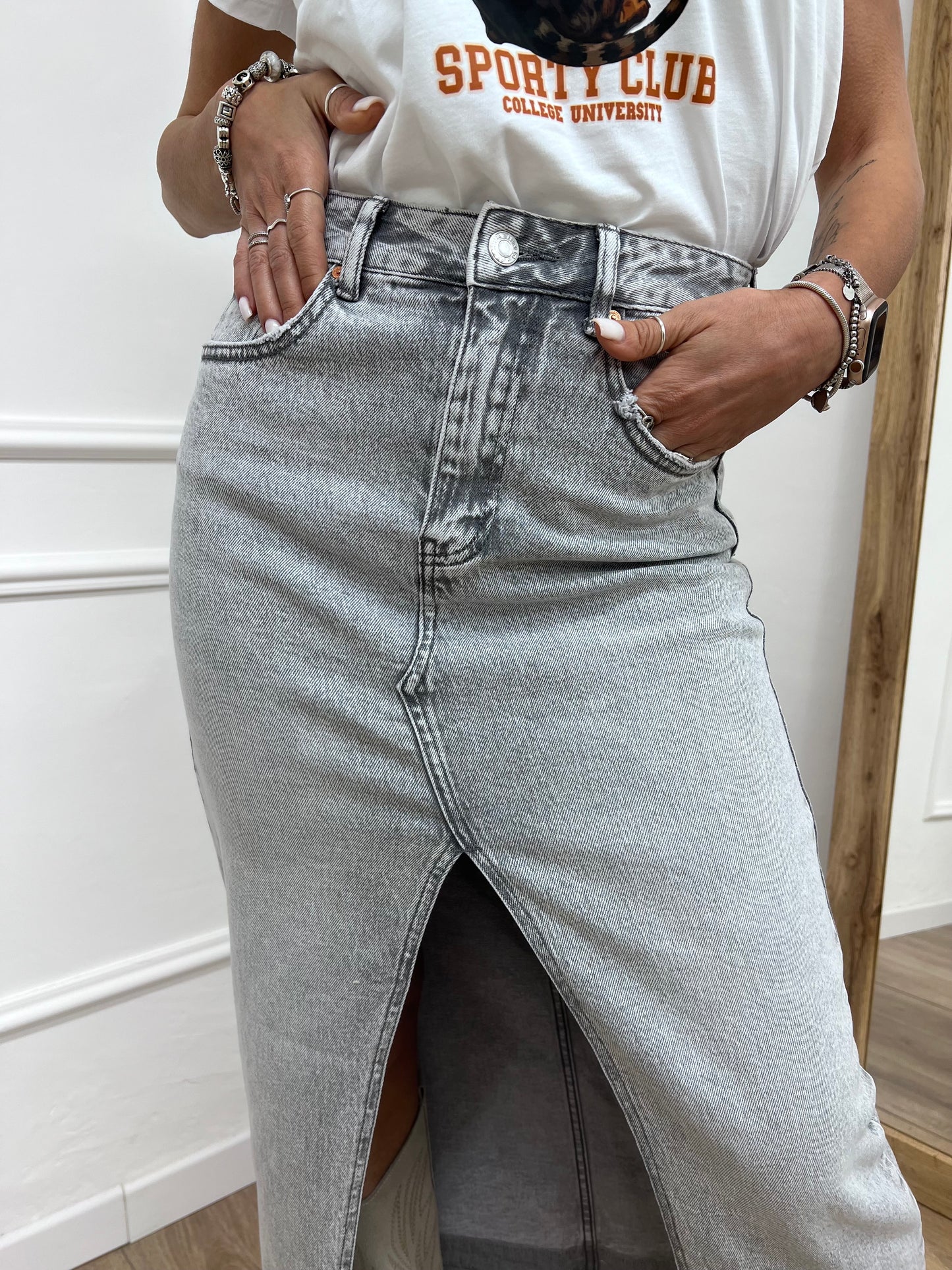 GONNA LUNGA DENIM MATITA CON SPACCO AVANTI ROBY GRIGIO