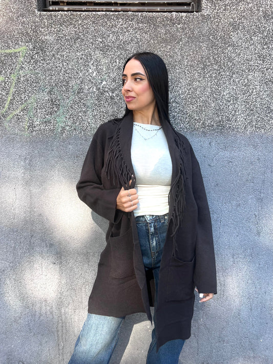 SUSY MIX CARDIGAN FRANGE MANOLA CIOCCOLATO