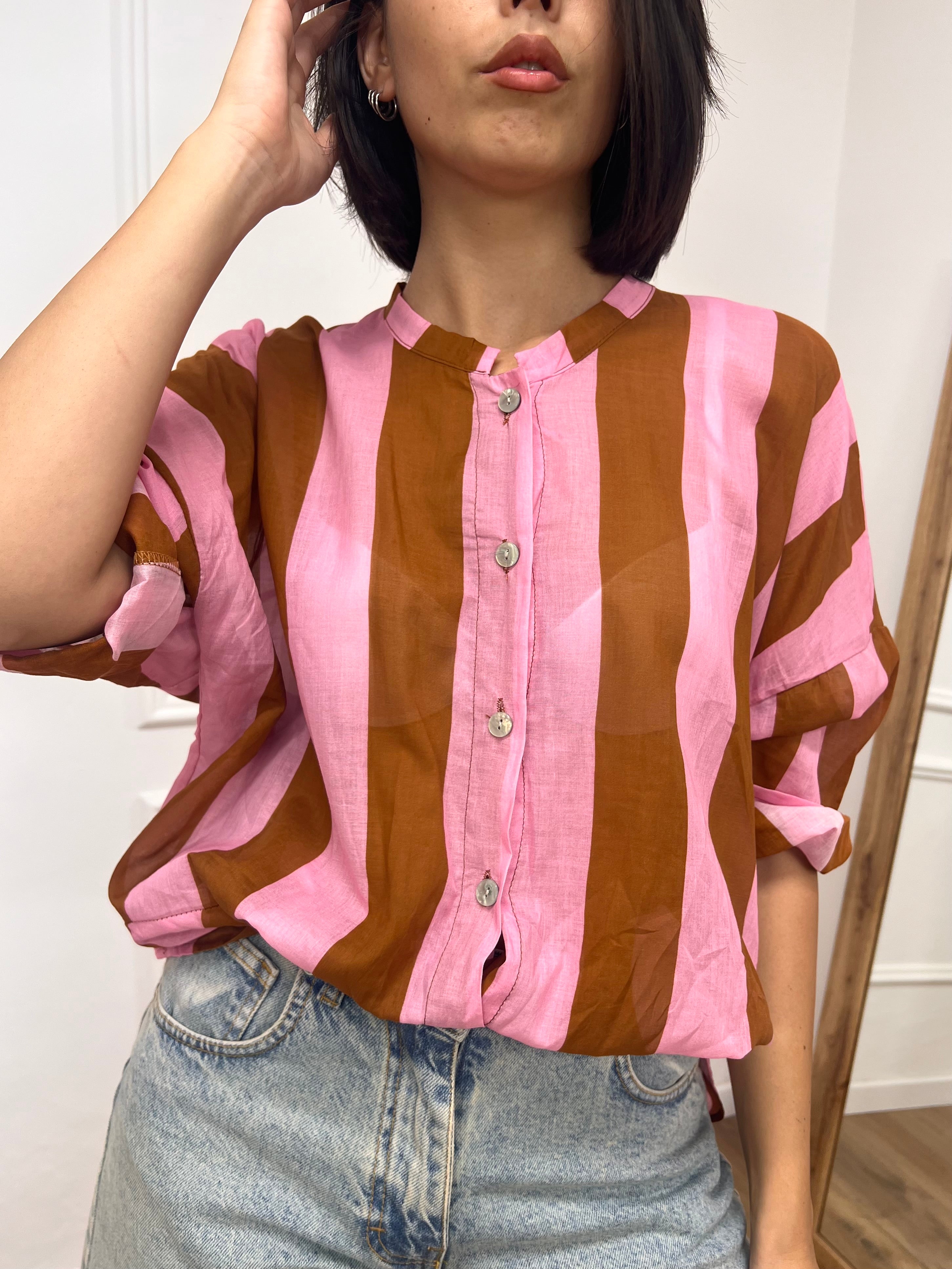 CAMICIA MUSSOLA COREANA RIGHE ROSA/TABACCO
