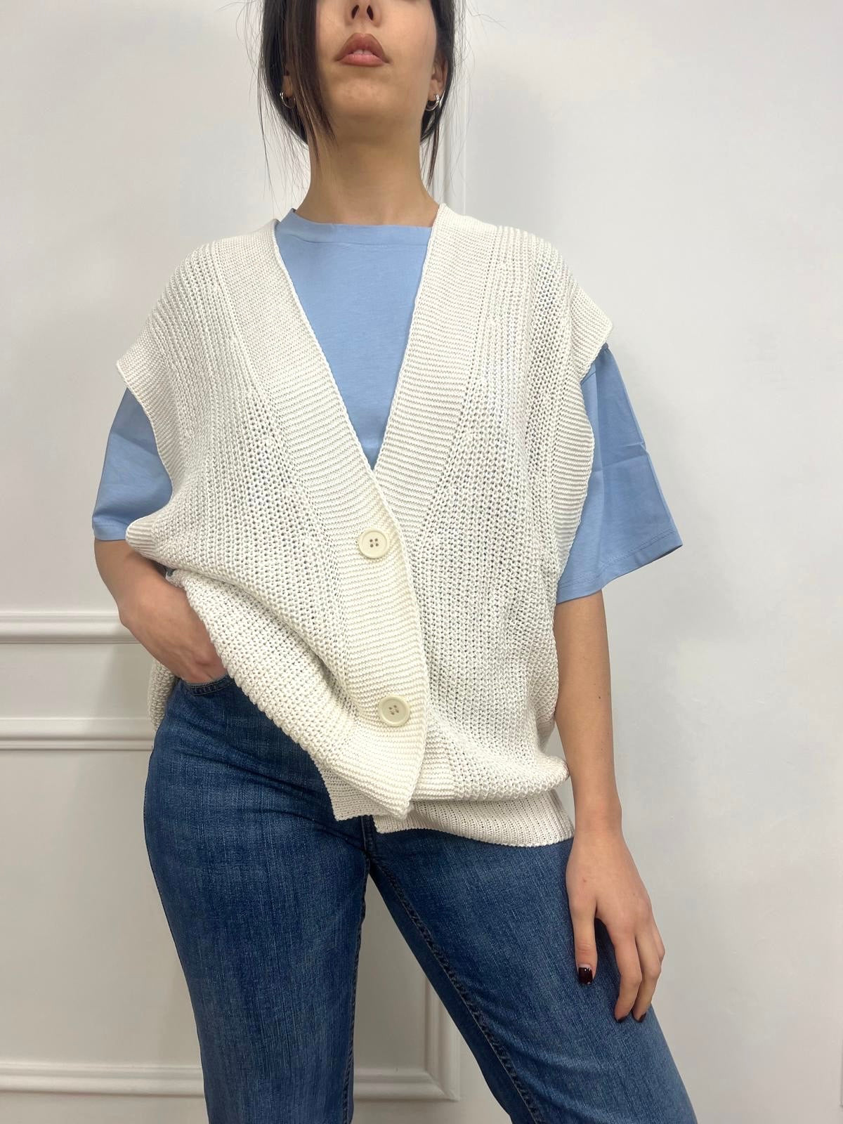 SUSY MIX GILET FILO SCOLLO V BOTTONI YARY LATTE