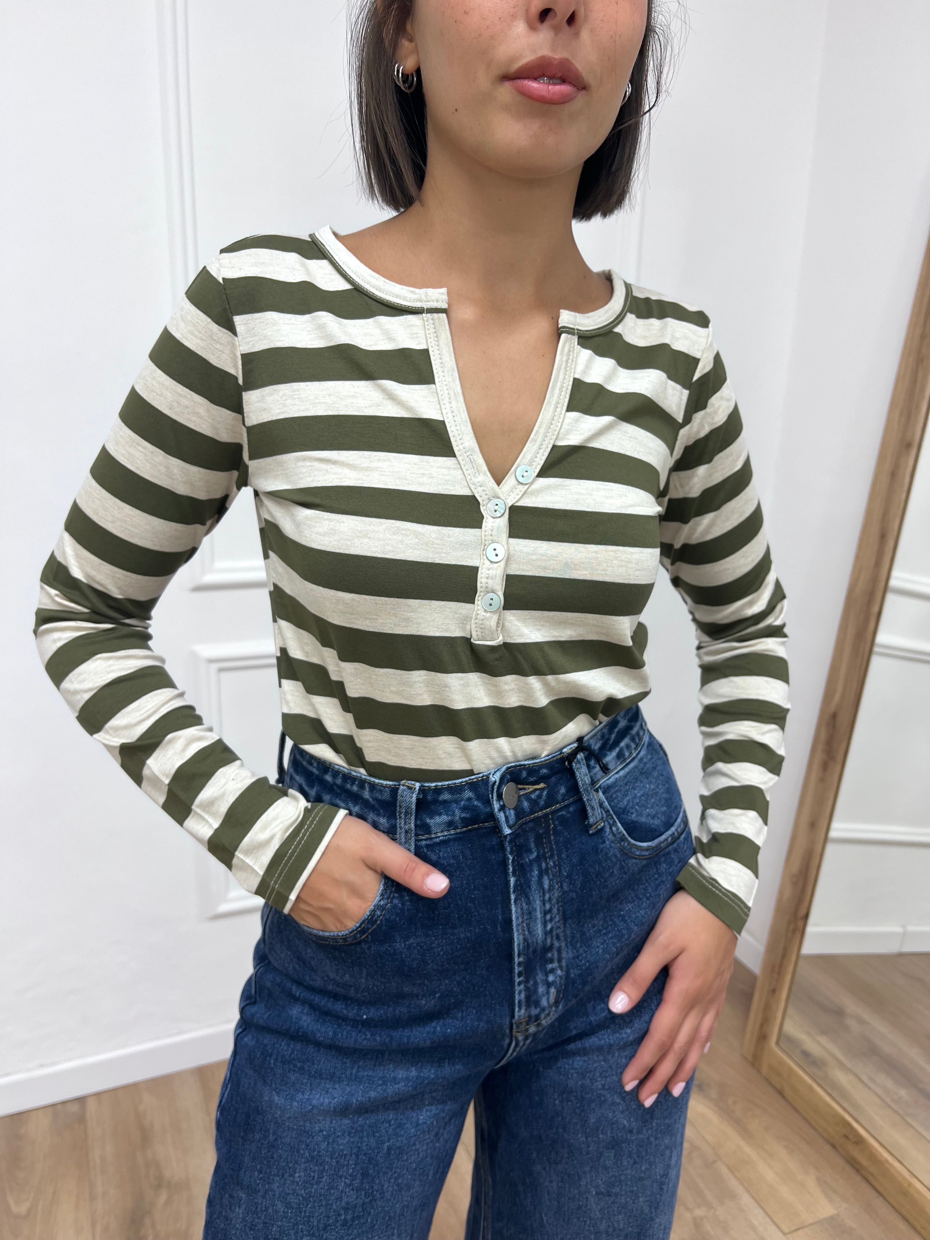 MAGLIA SERAFINO SCOLLO V RIGATA   MILITARE SUSY MIX
