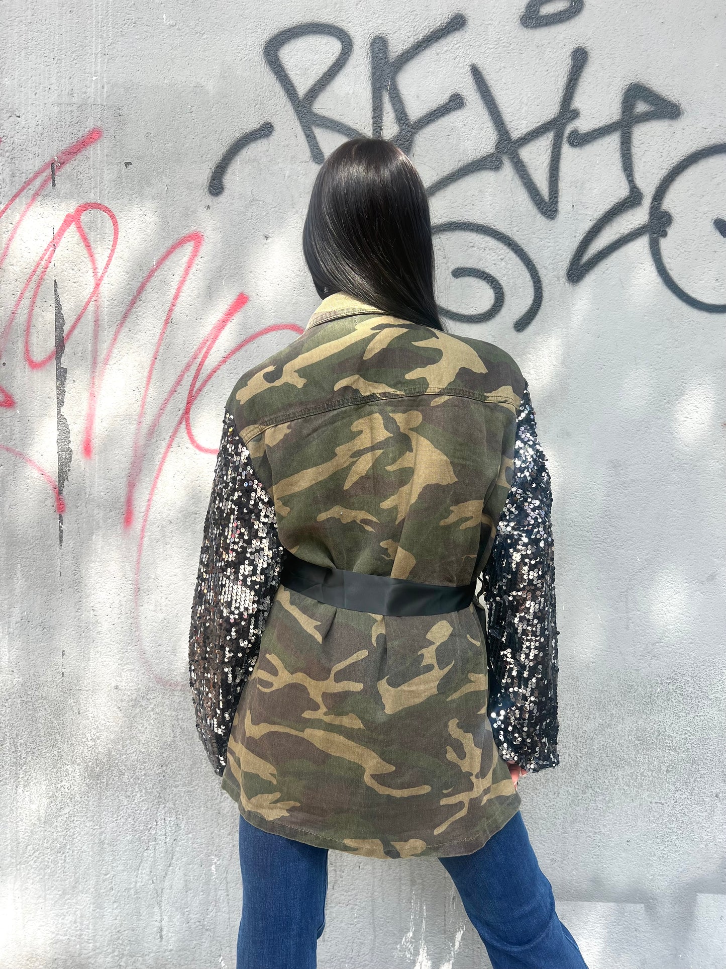 SUSY MIX GIACCA CAMOUFLAGE MANICA PAILLETTES MILITARE