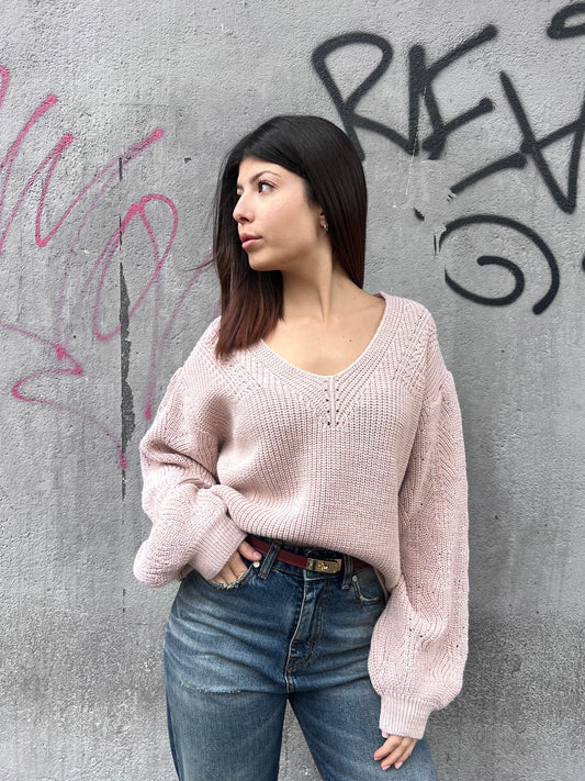 SUSY MIX MAGLIA V MANICA PALLONCINO RICAMATA ROSA