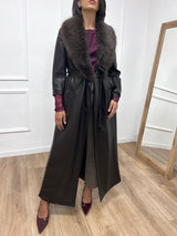 CAPPOTTO LUNGO ECOPELLE COLLO PELLICCIA MORO SUSY MIX