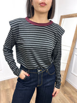 MAGLIA SPALLINE RIGATA COLLO CONTRASTO NERO SUSY MIX