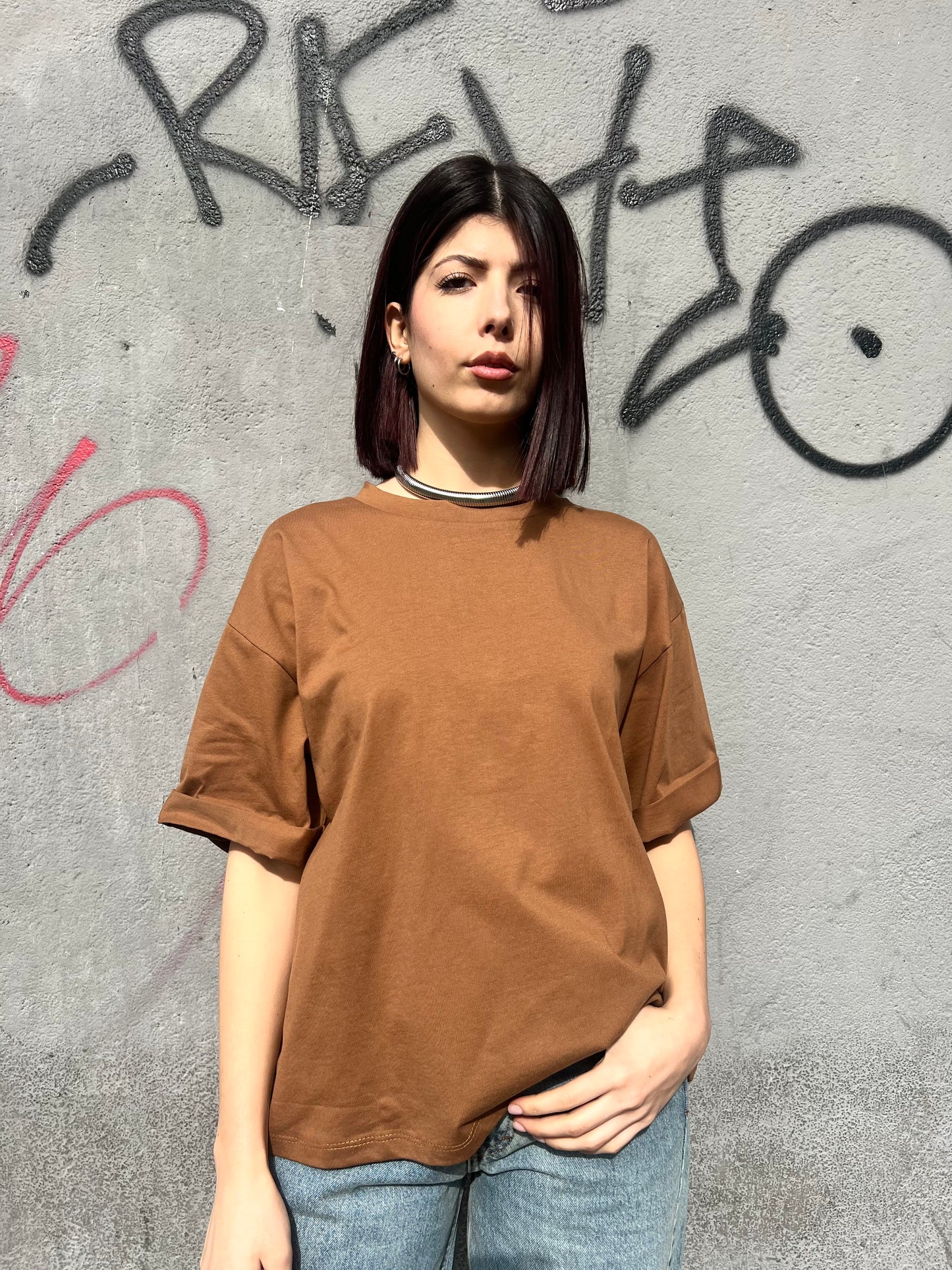 SUSY MIX T-SHIRT OVER MEZZA MANICA OLLY TABACCO