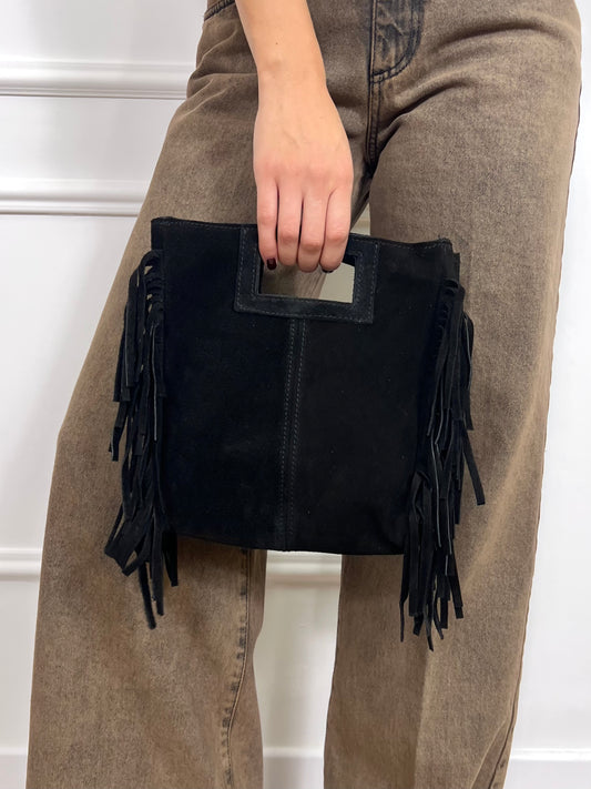 BORSA MINI SHOPPER IN CAMOSCIO CON FRANGE NERO