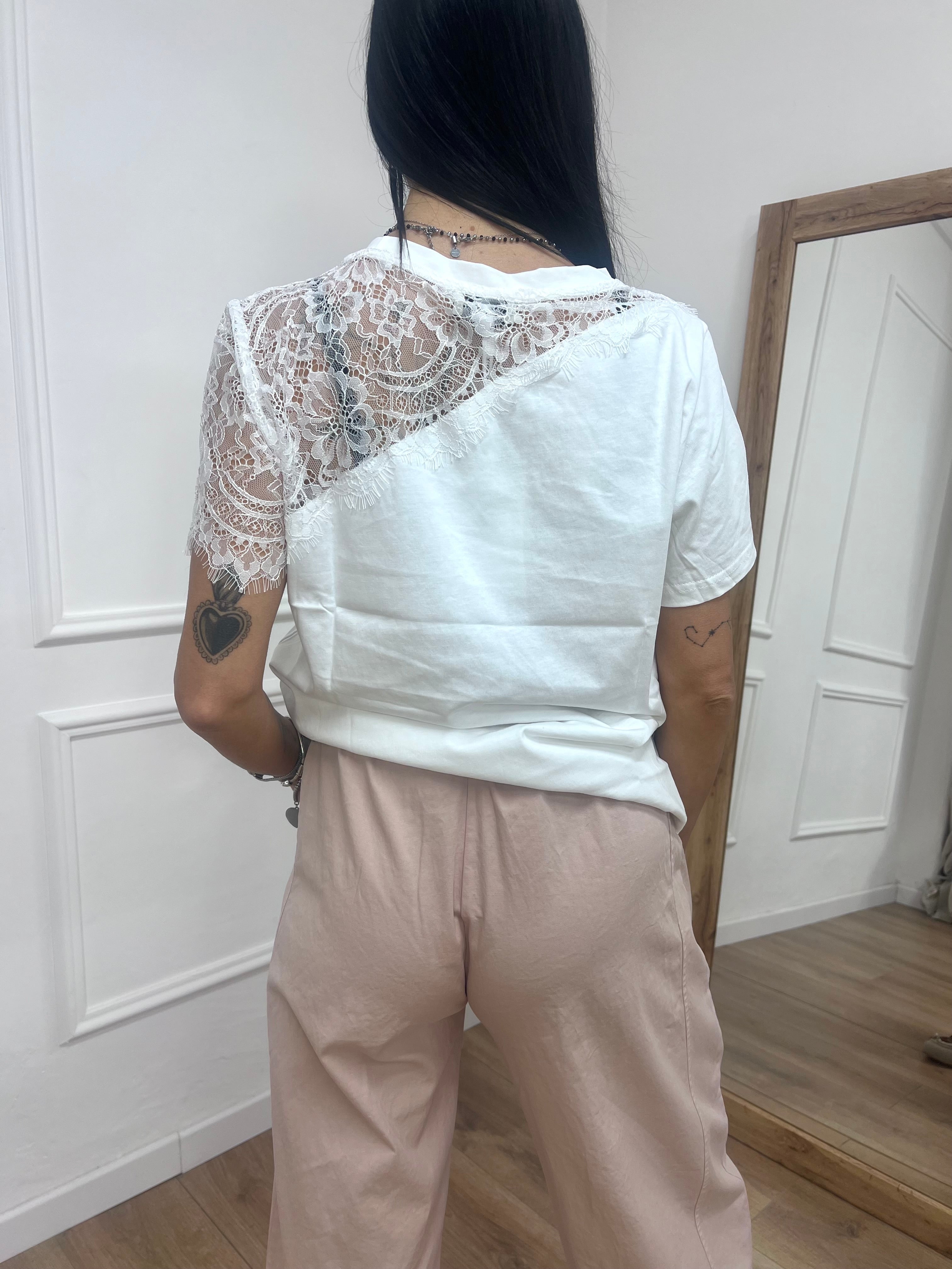T-SHIRT M/C INSERTO PIZZO ROSITA BIANCO SUSY MIX