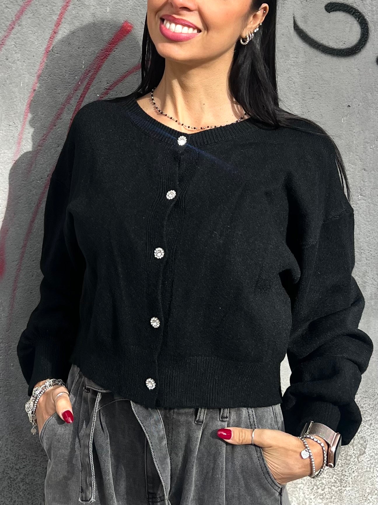 CARDIGAN CROP SCATOLETTA BOTTONI GIOIELLO NINA NERO