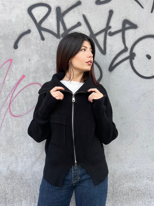 SUSY MIX CARDIGAN CERNIERA COLLO CRATERE IVANA NERO