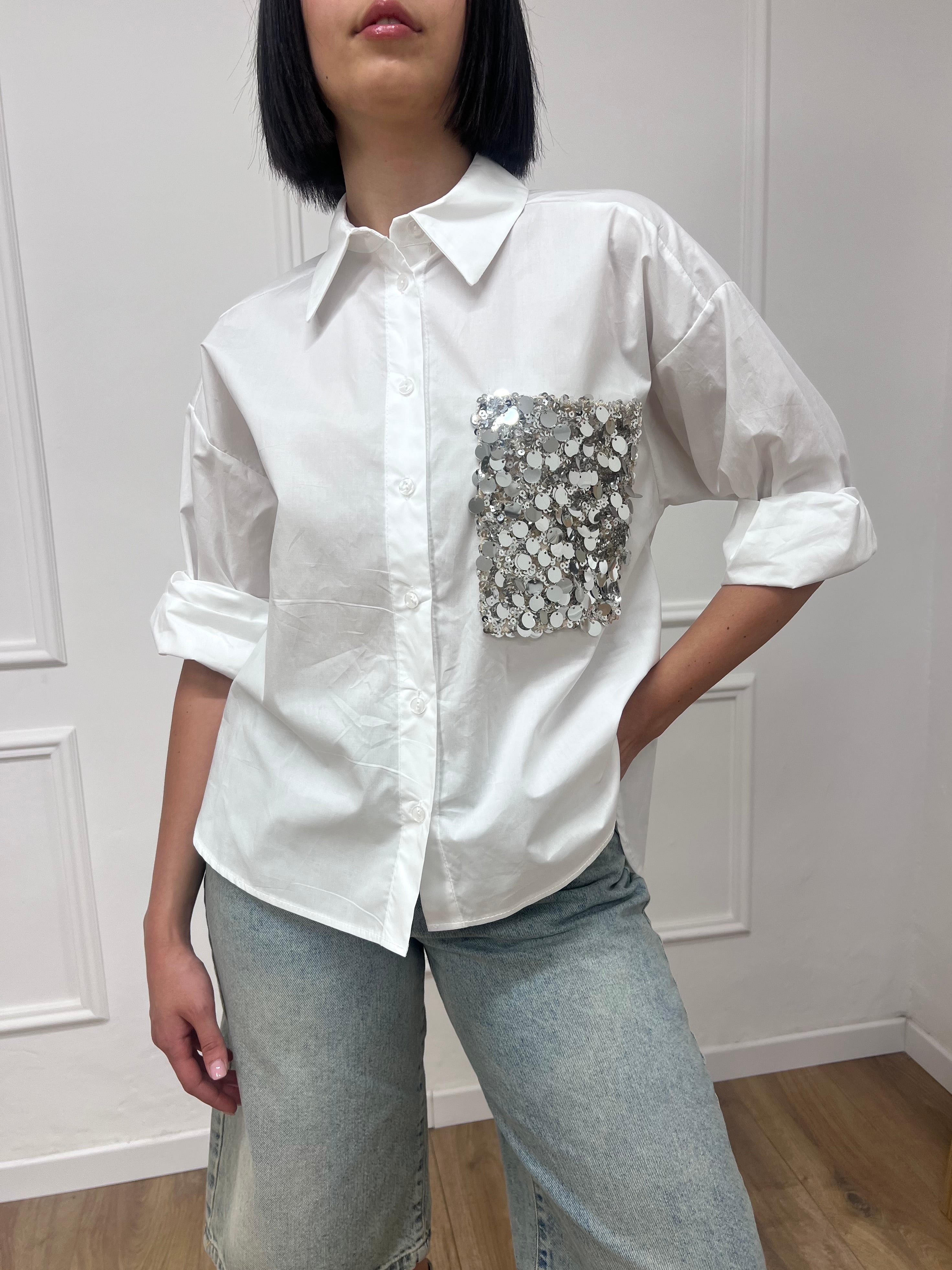 CAMICIA OVER TASCA A TOPPA PAILLETTES LUCE BIANCO MOTEL