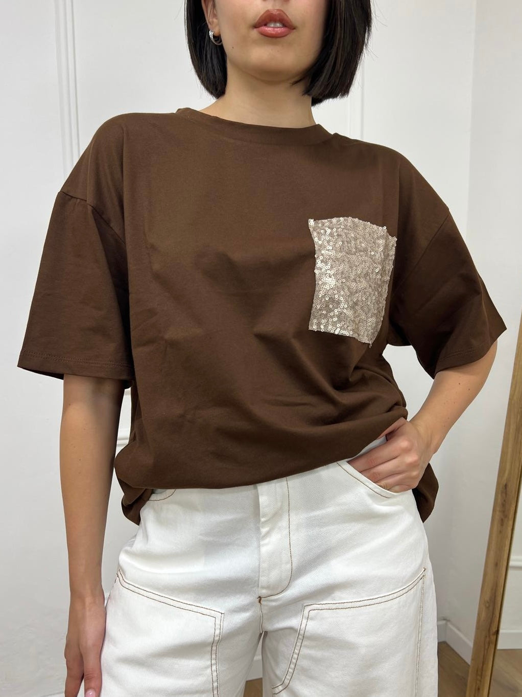 T-SHIRT M/C OVER TASCA MICRO PAILLETTES MORO SUSY MIX