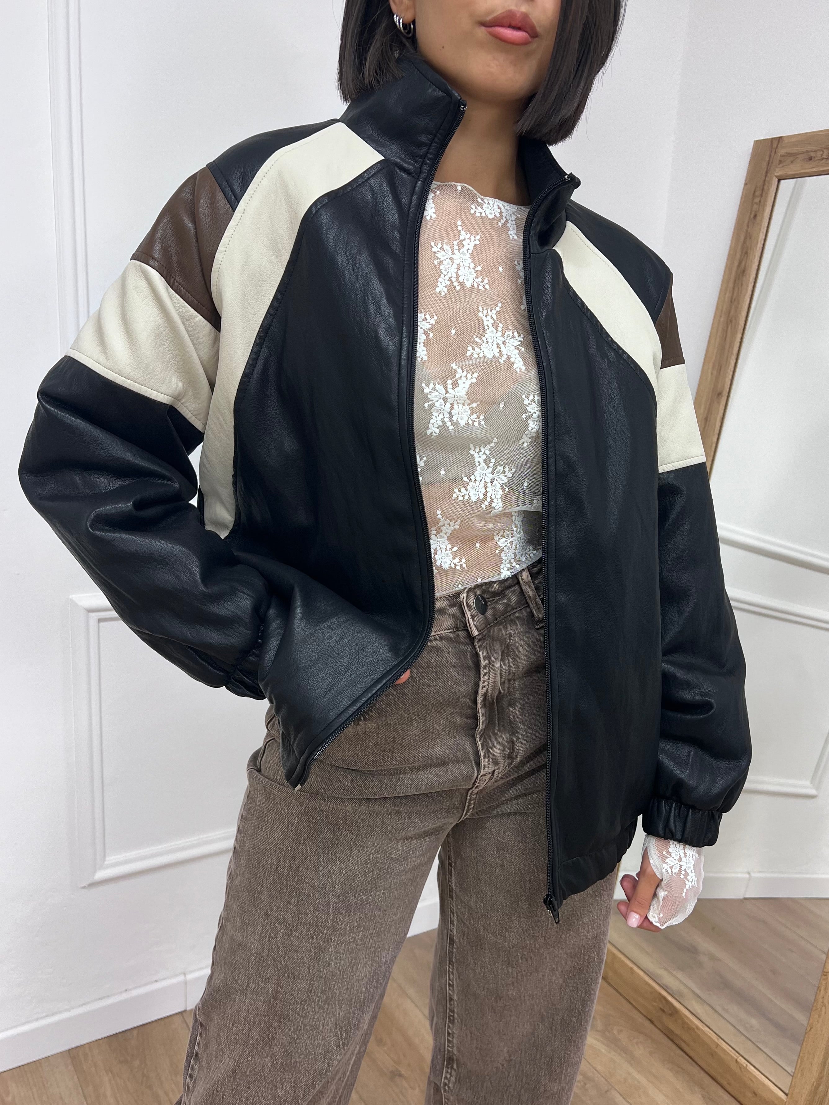 BOMBER LUNGO INSERTI TRE COLORI ADELE NERO SISY MIX