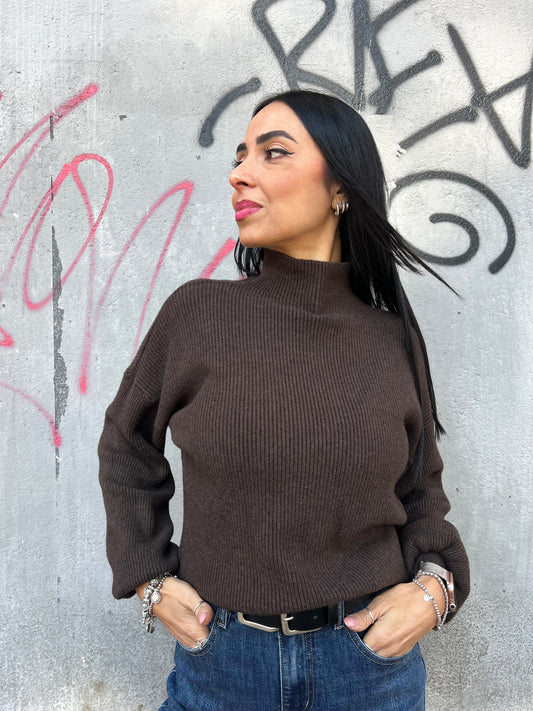 MAGLIA COLLO CRATERE MANICA PALLONCINO  SELENIA CIOCCOLATO