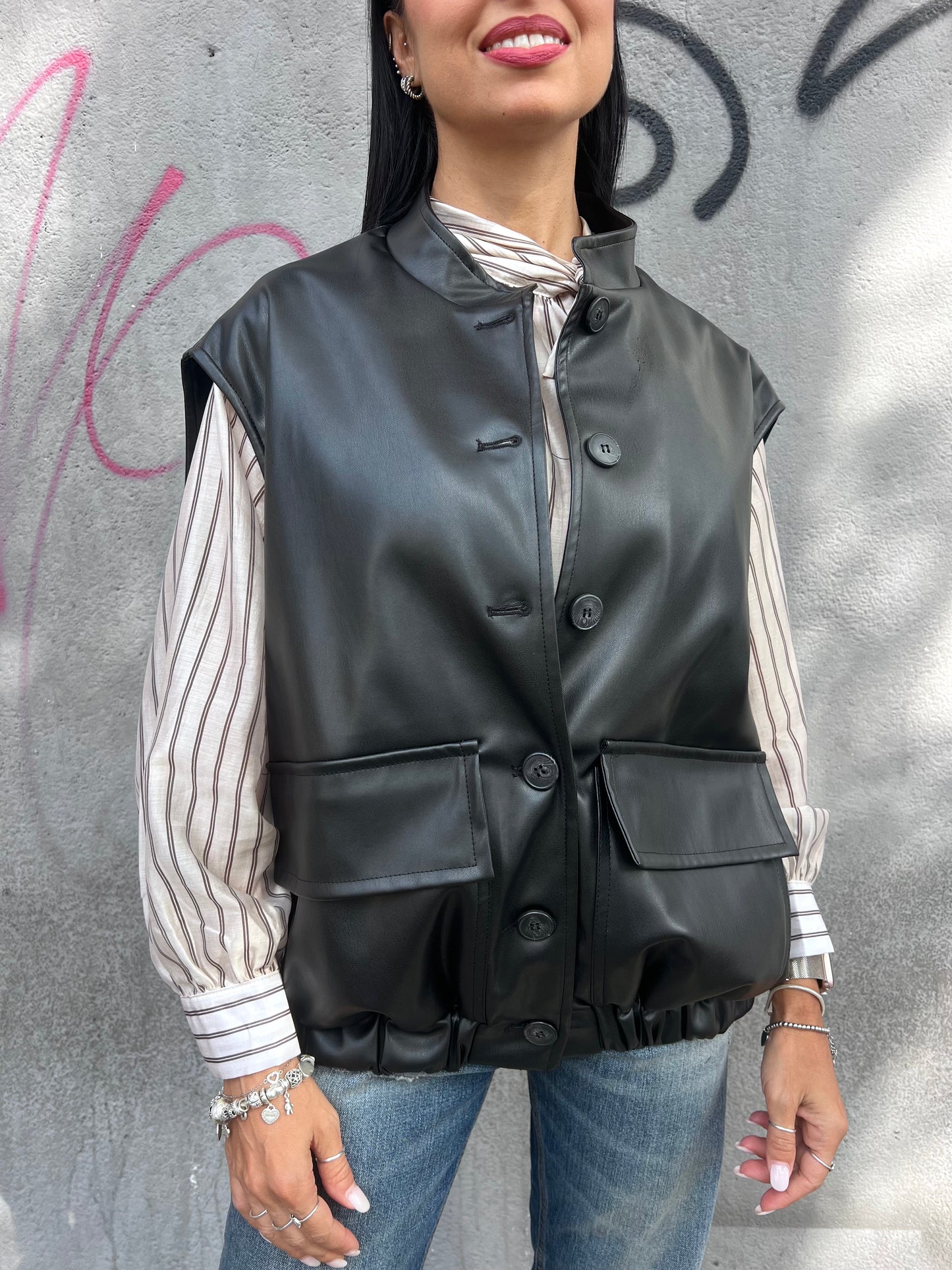 SUSY MIX BOMBER SMANICATO ECOPELLE ANAH NERO