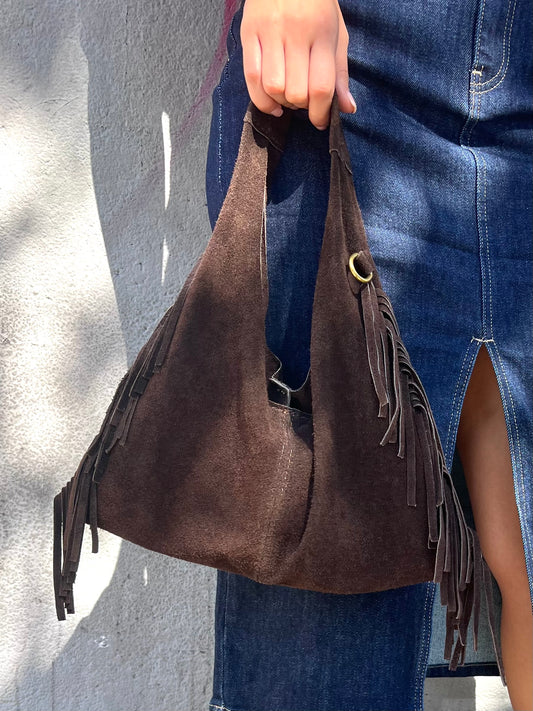 BORSA MINI SAC PELLE SUEDE CON FRANGE DEVA CIOCCOLATO