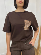 T-SHIRT GIROCOLLO M/C TASCHINO PAILLETTES MORO SUSY MIX