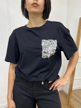 T-SHIRT GIROCOLLO M/C TASCHINO PAILLETTES NERO SUSY MIX