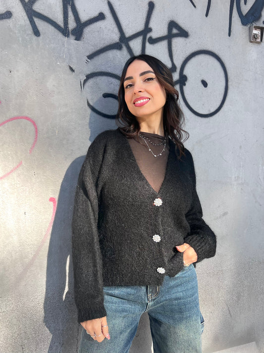 CARDIGAN MOHAIR BOTTONI GIOIELLO AMIRA NERO